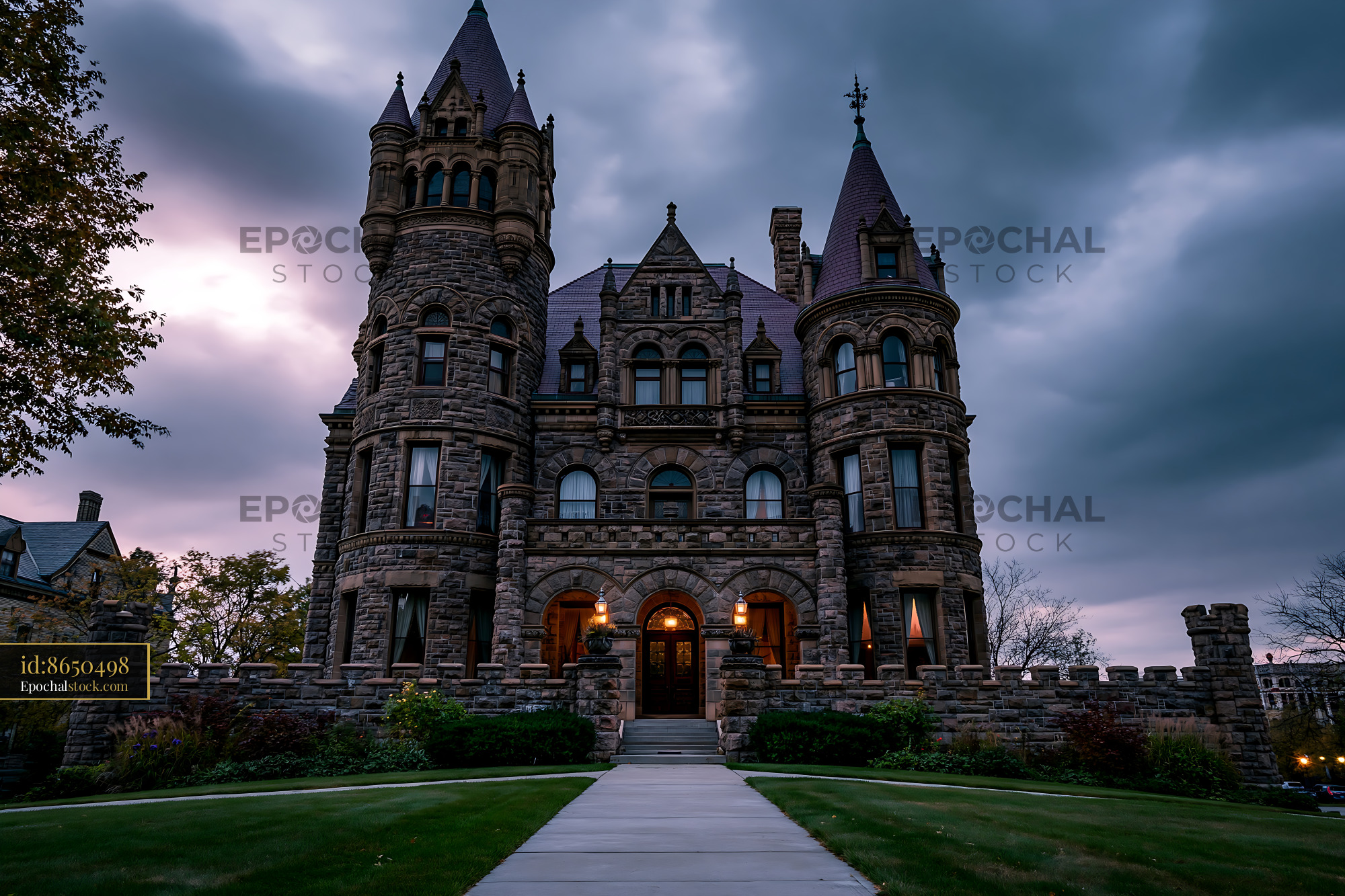 Watermarked full-resolution preview of Historic stone castle with tall towers and dark sky