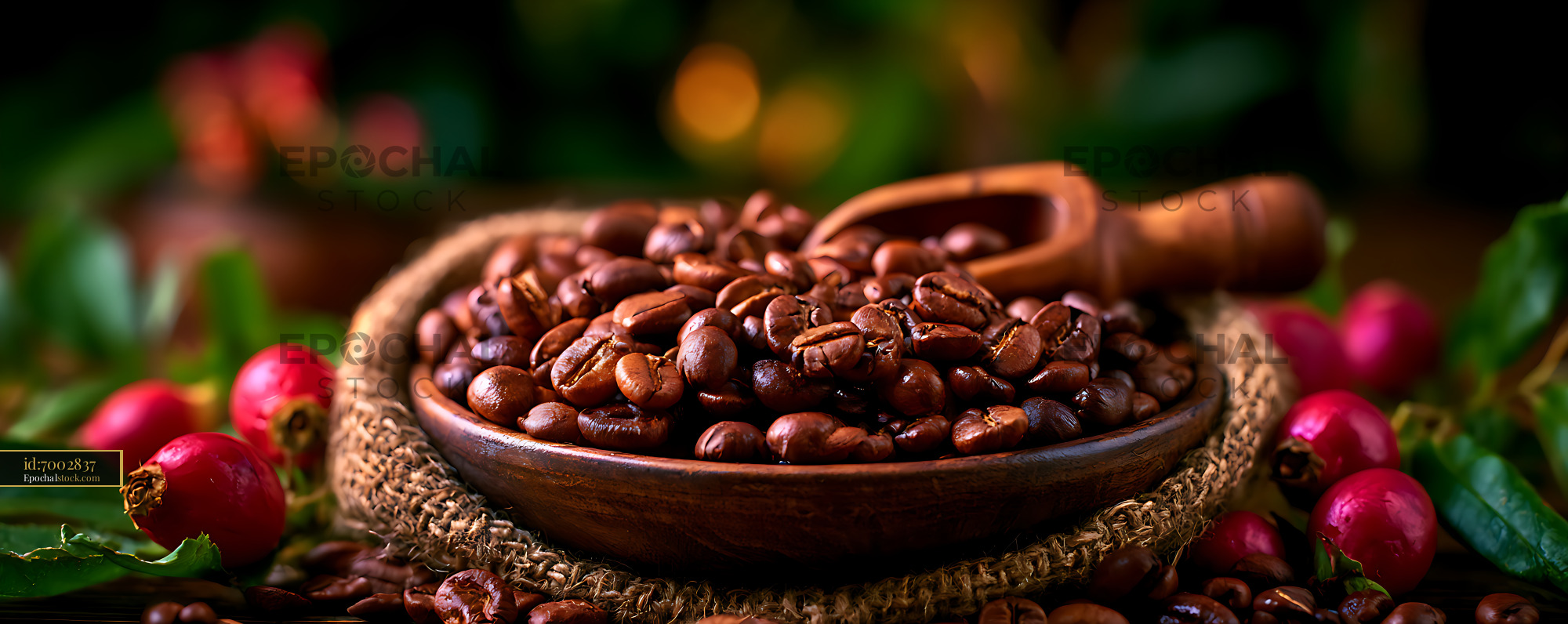 Watermarked full-resolution preview of Close-up roasted coffee beans with berries and foliage