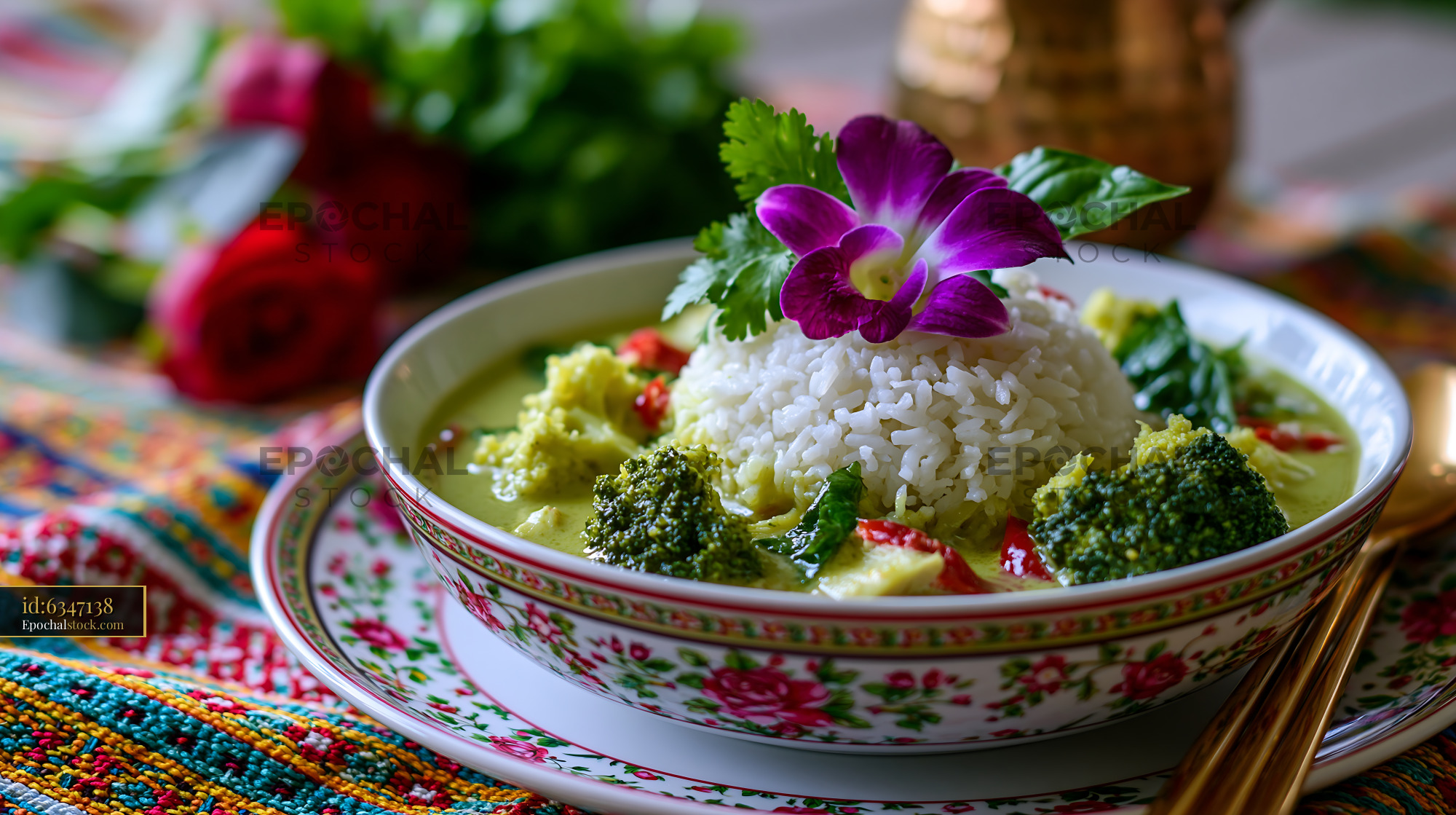 Watermarked full-resolution preview of Delicious green curry with rice and fresh herbs on a table