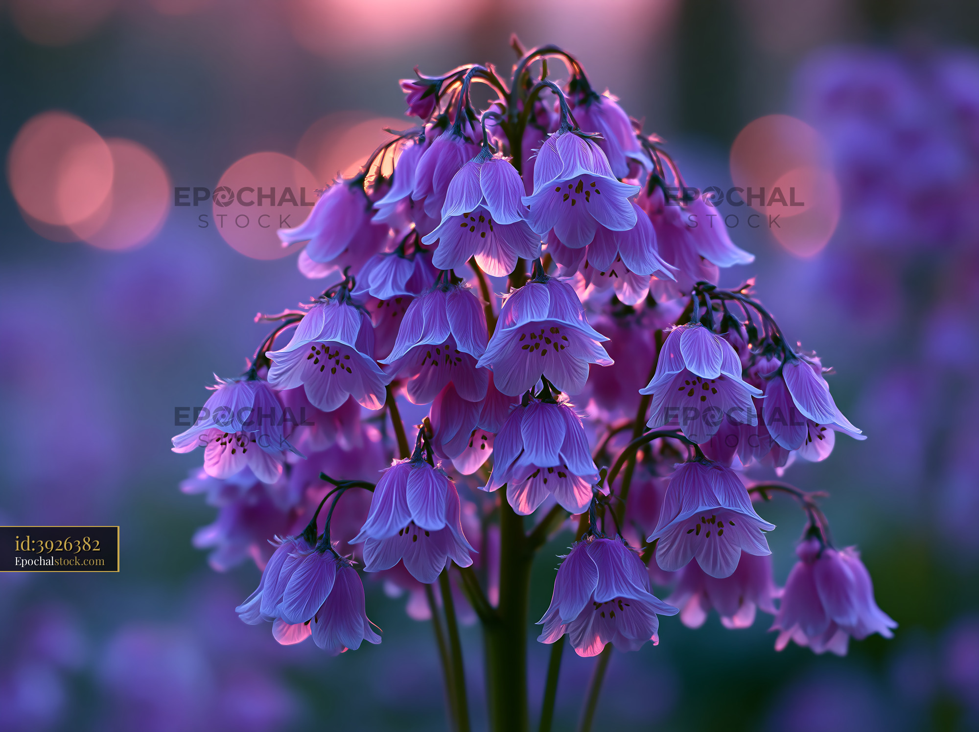 Watermarked full-resolution preview of Purple flowers in bloom against a blurred sunset background