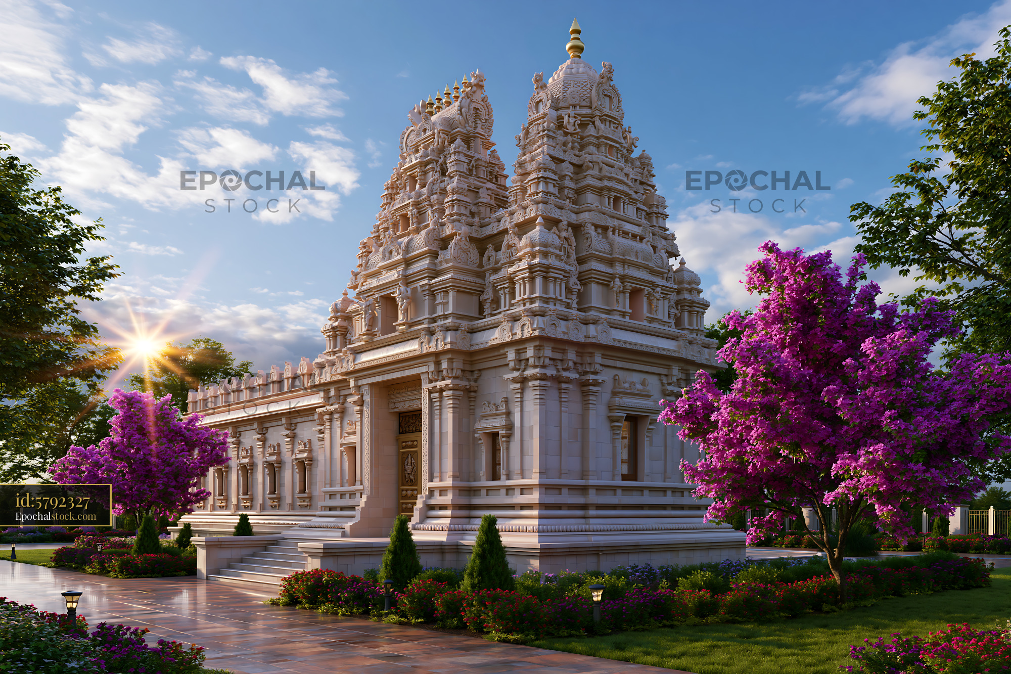 Watermarked full-resolution preview of Temple surrounded by trees and flowers in daylight