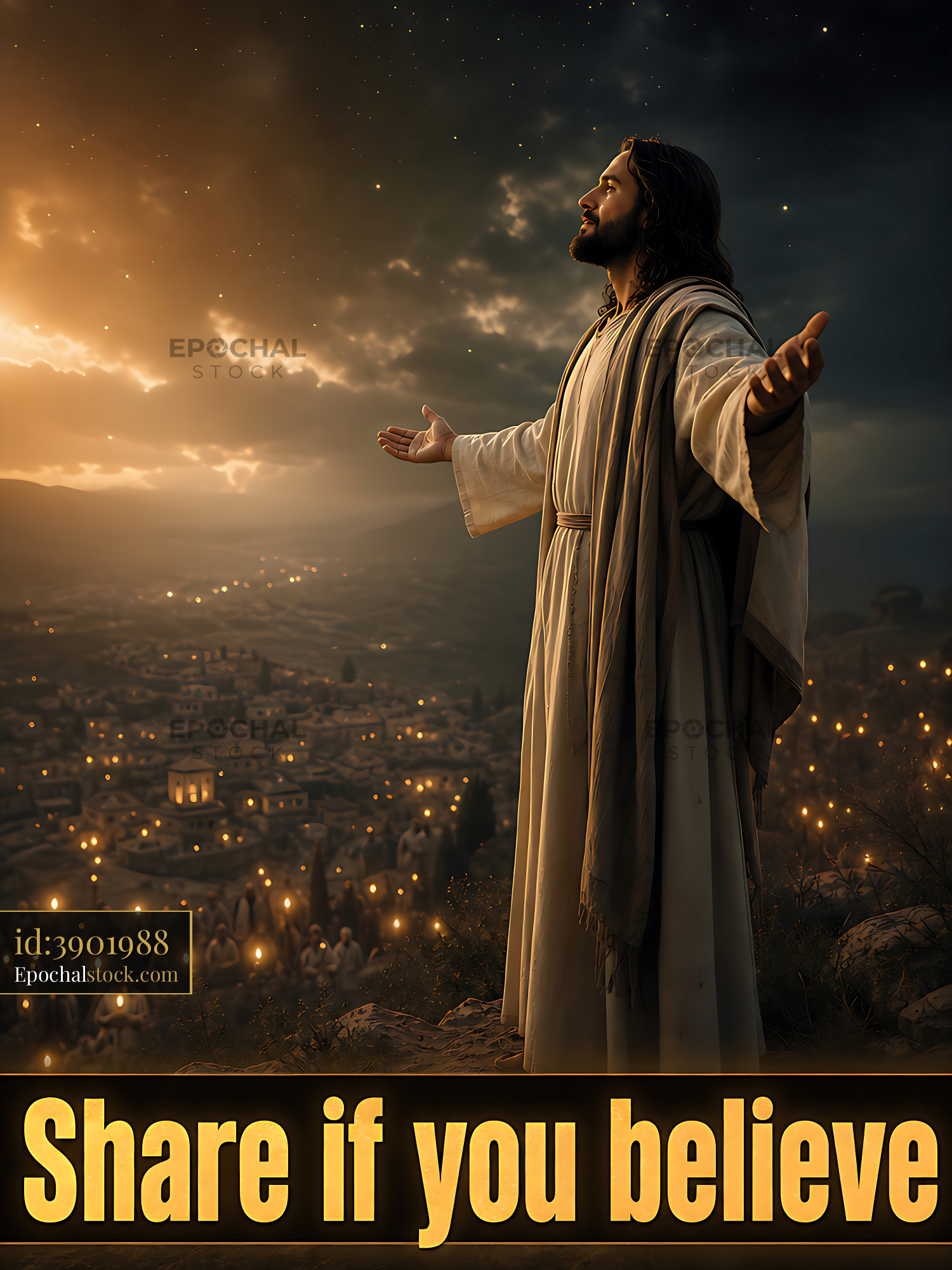 Watermarked full-resolution preview of Man in robe stands with arms open against a sunset backdrop