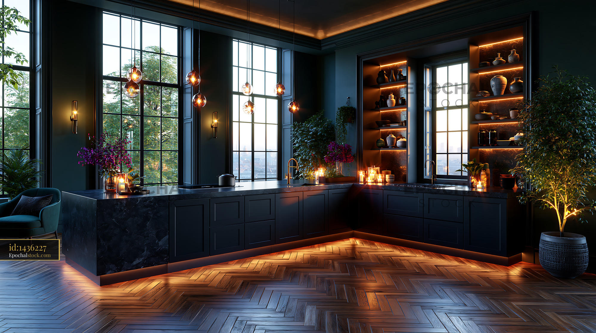 Watermarked full-resolution preview of Modern kitchen with stylish lighting and elegant decor