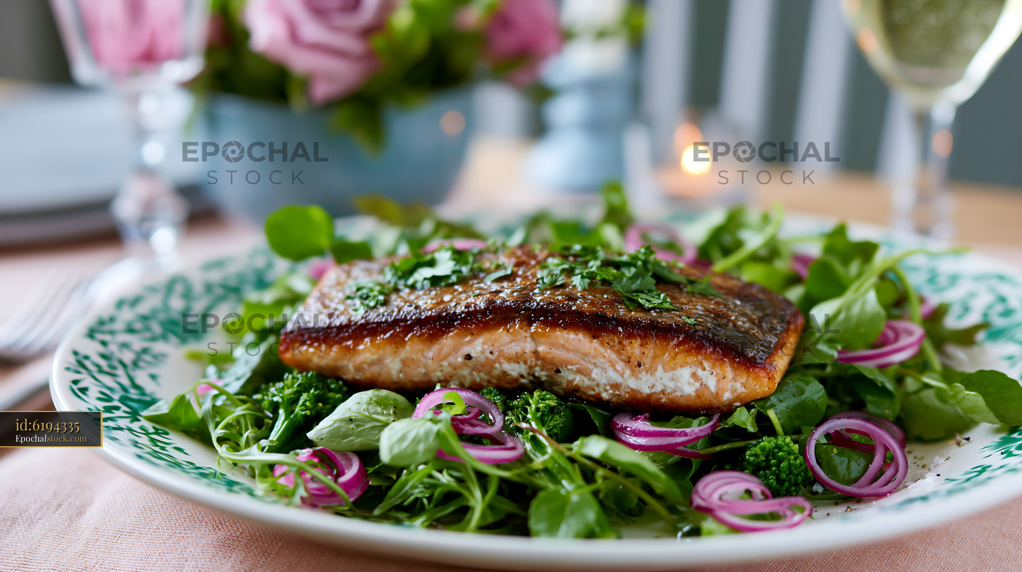 Watermarked full-resolution preview of Salmon fillet with salad and vegetables on a dining table