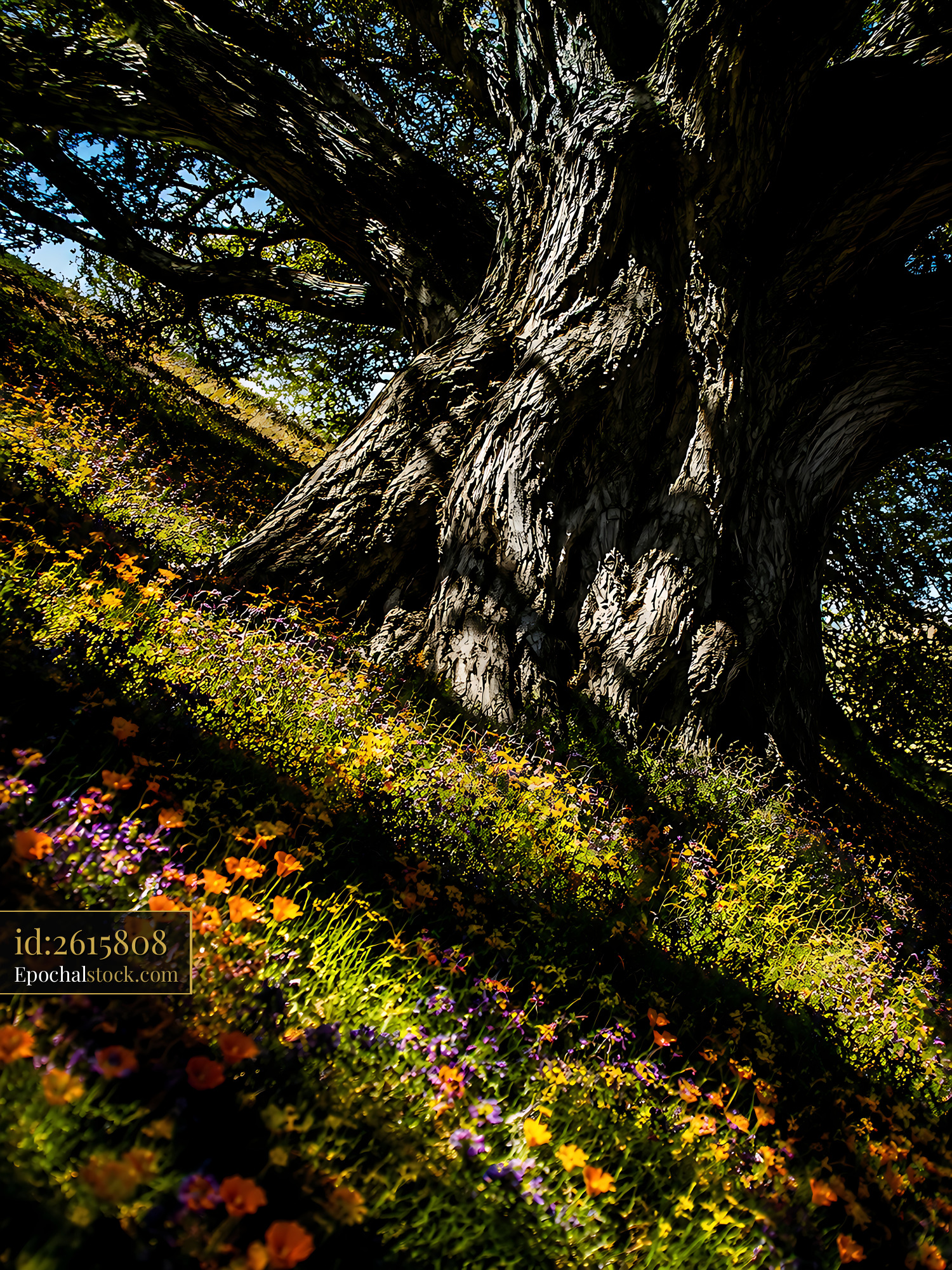 Watermarked full-resolution preview of Large tree with flowers on the ground during a sunny day