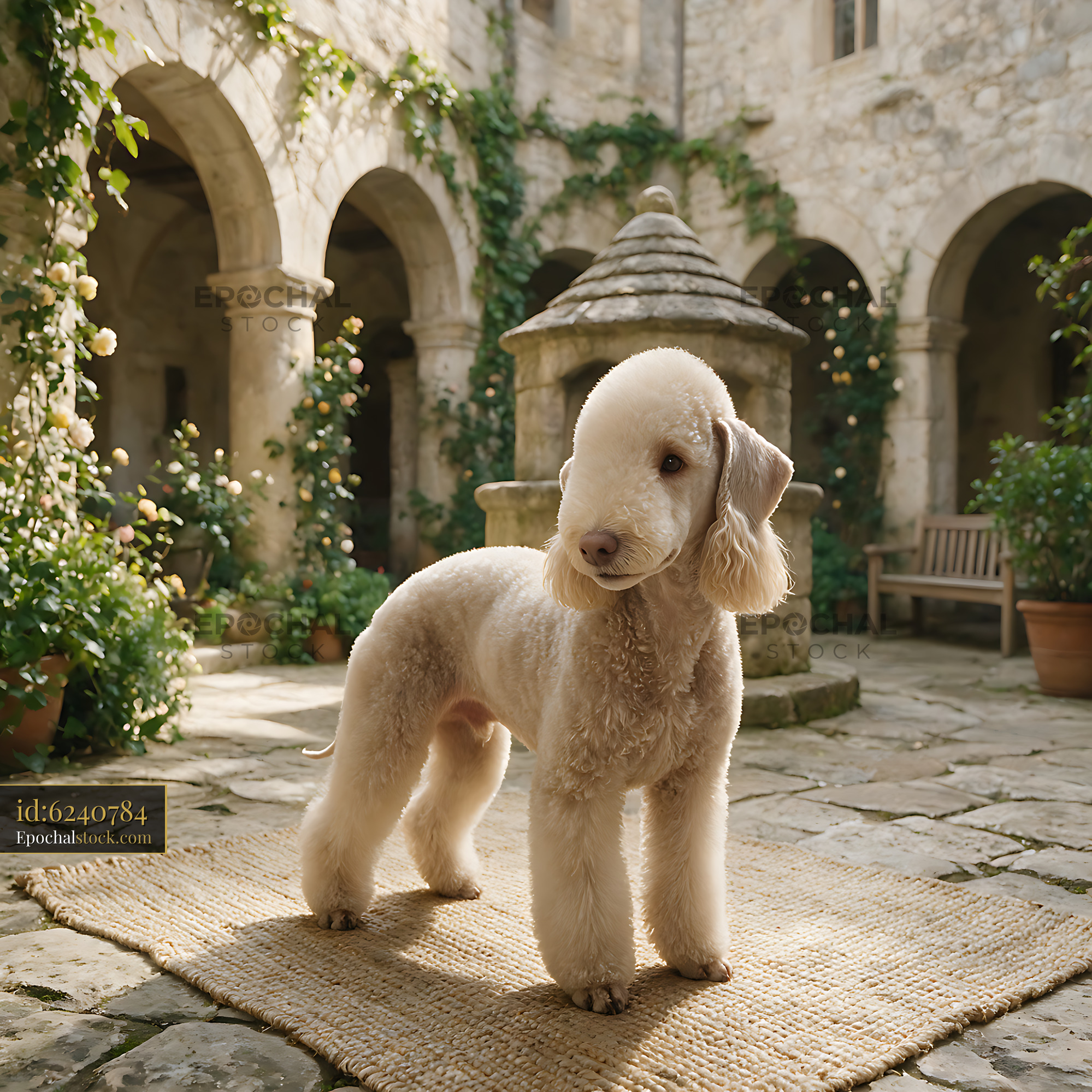 Watermarked full-resolution preview of Cream curly-coated dog in an ivy-covered courtyard