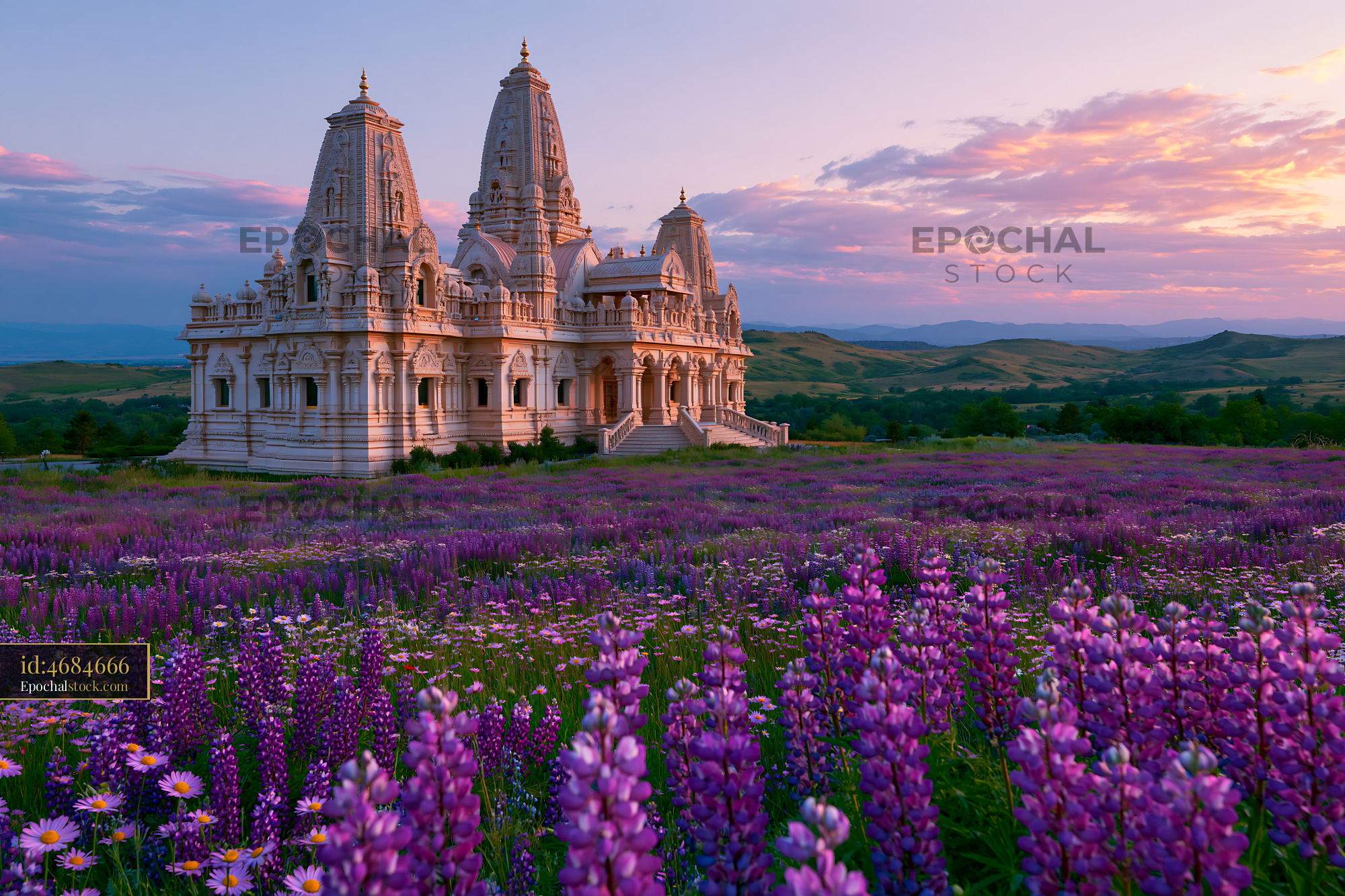 Watermarked full-resolution preview of Beautiful temple surrounded by purple flowers at sunset