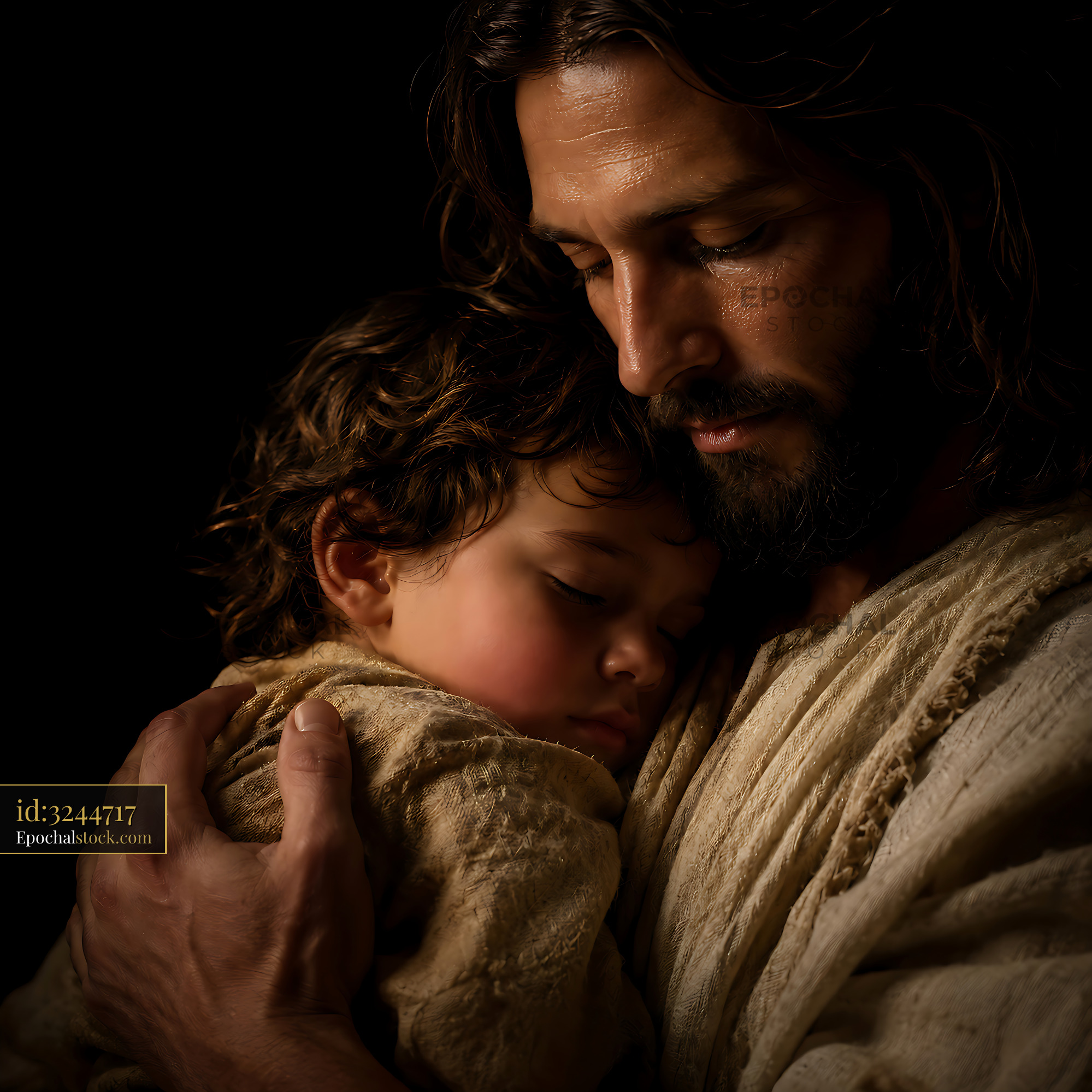 Watermarked full-resolution preview of Man holds child in embrace with warm expression