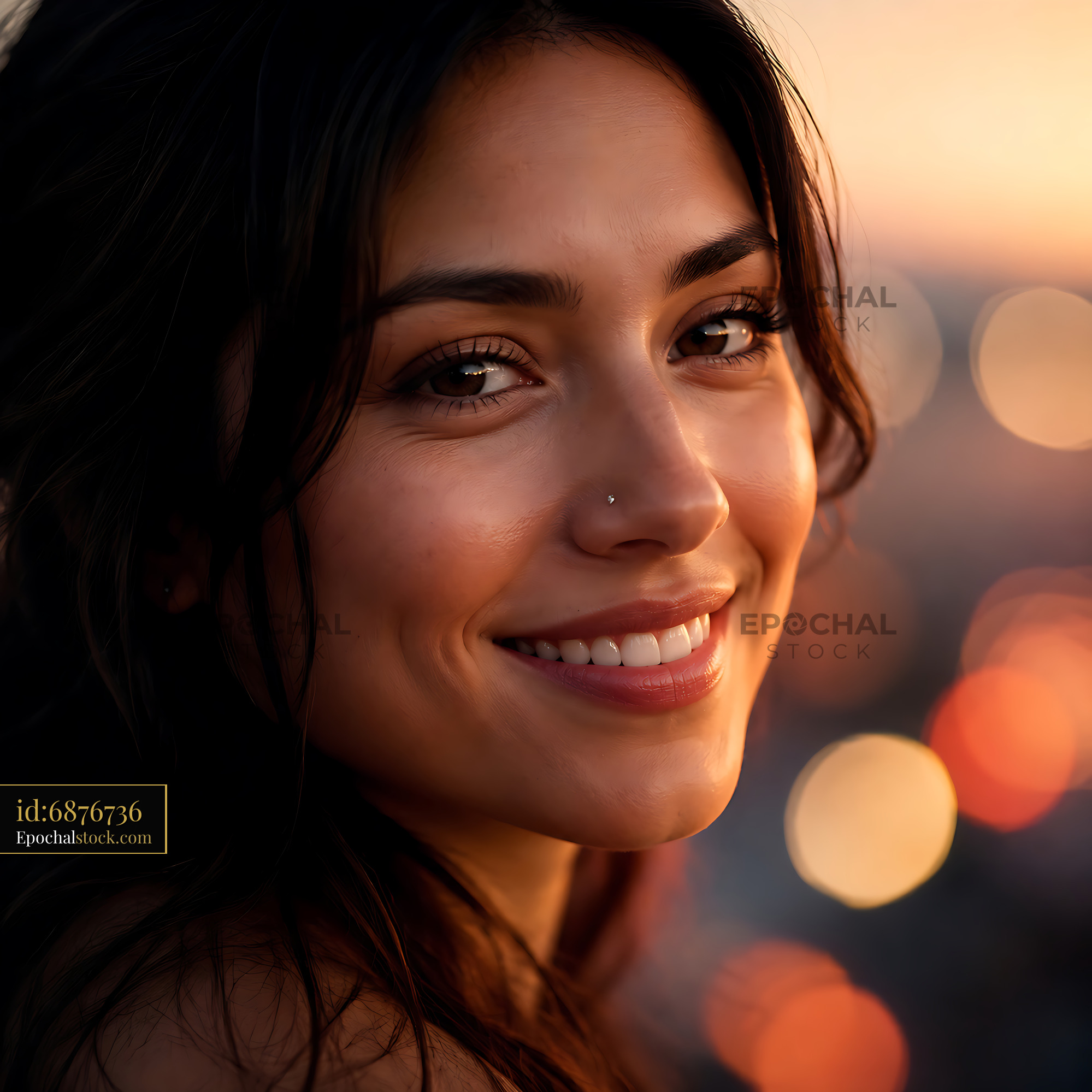 Woman Smiling at Sunset With Blurred City Lights in Background - stock photo