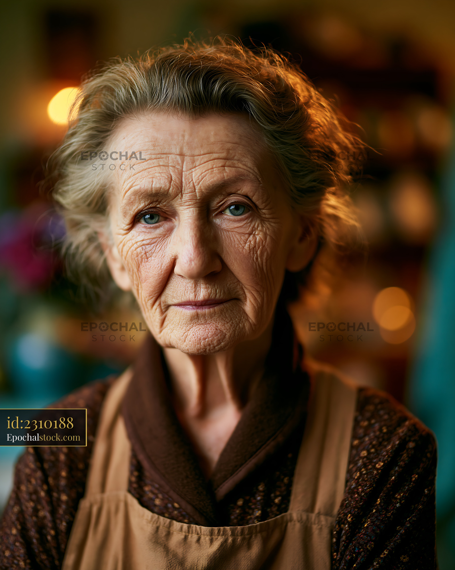 Watermarked full-resolution preview of Elderly woman with gentle expression in a warm indoor setting