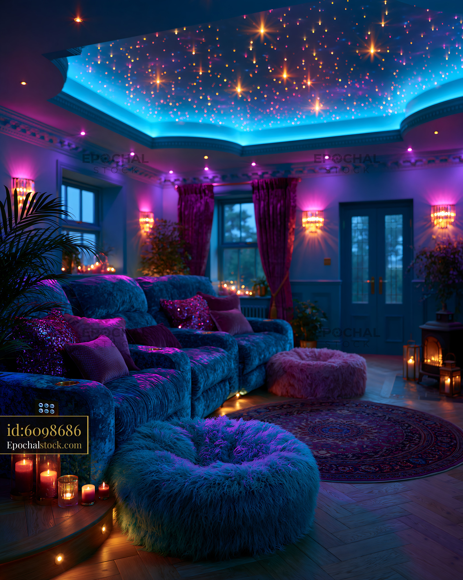 Watermarked full-resolution preview of Cozy living room with colorful lighting and soft furnishings