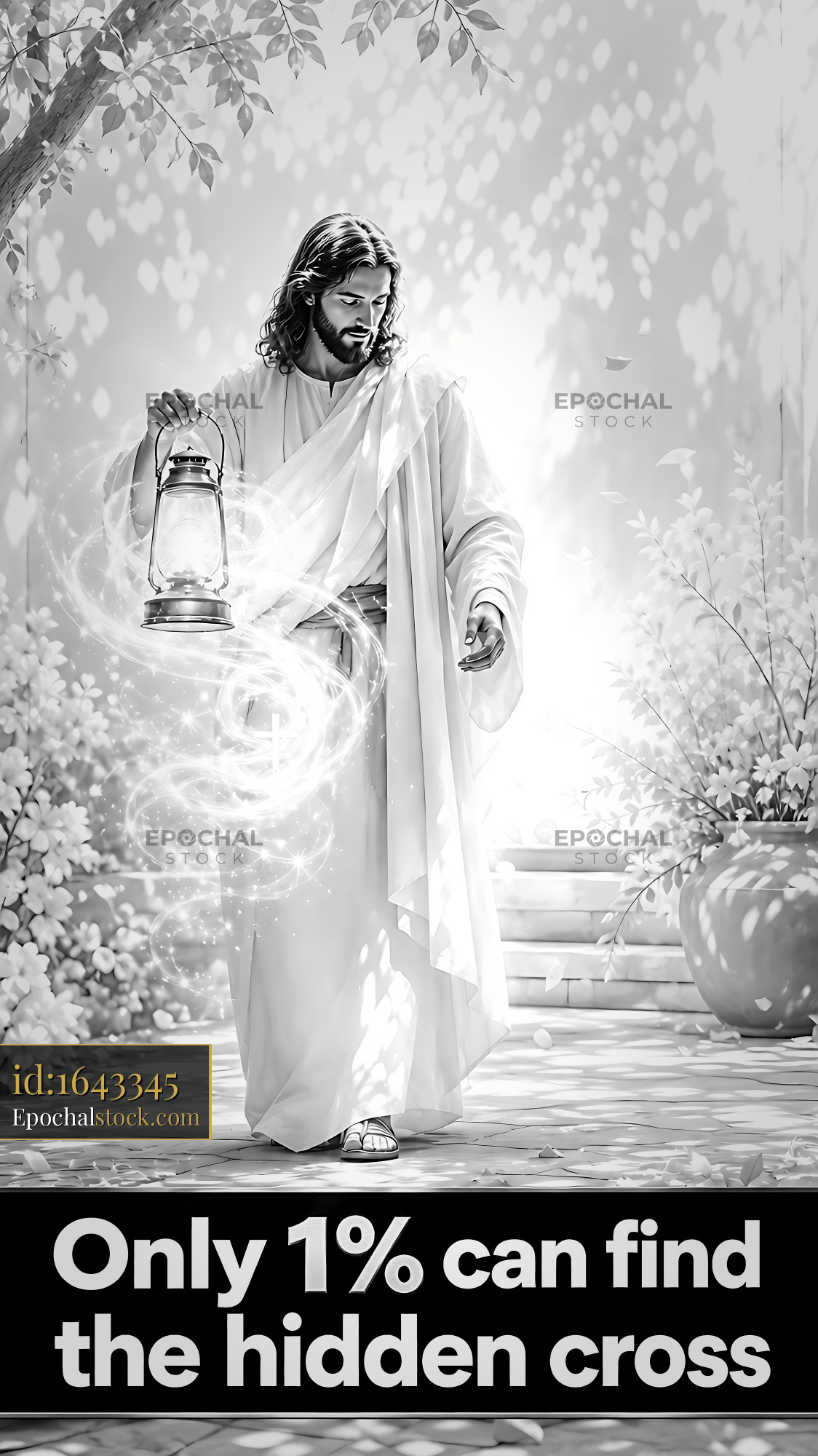 Jesus Carries a Lantern Illuminating a Hidden Cross in the Light - stock photo