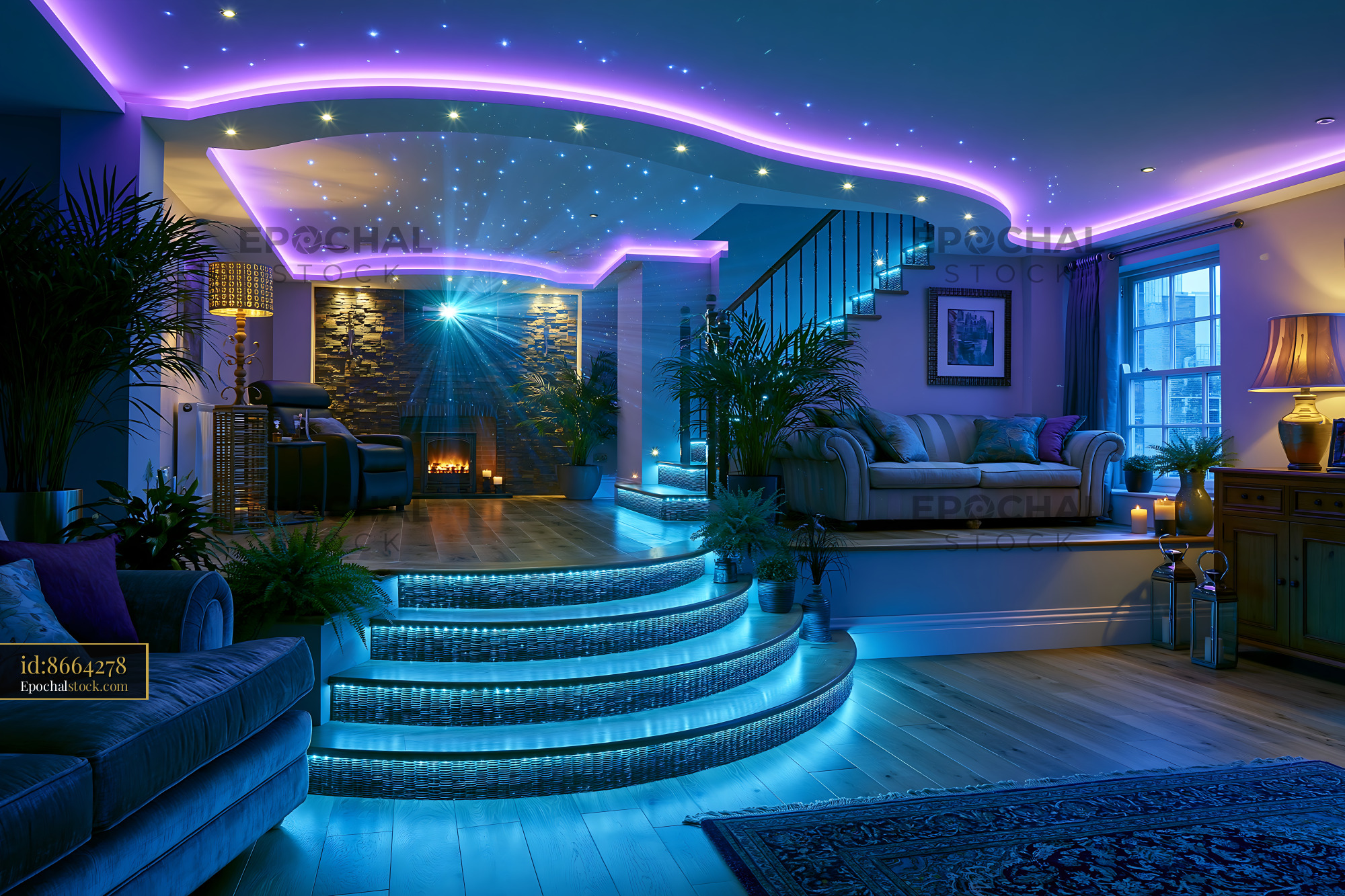 Watermarked full-resolution preview of Modern living room with LED lighting and stylish decor