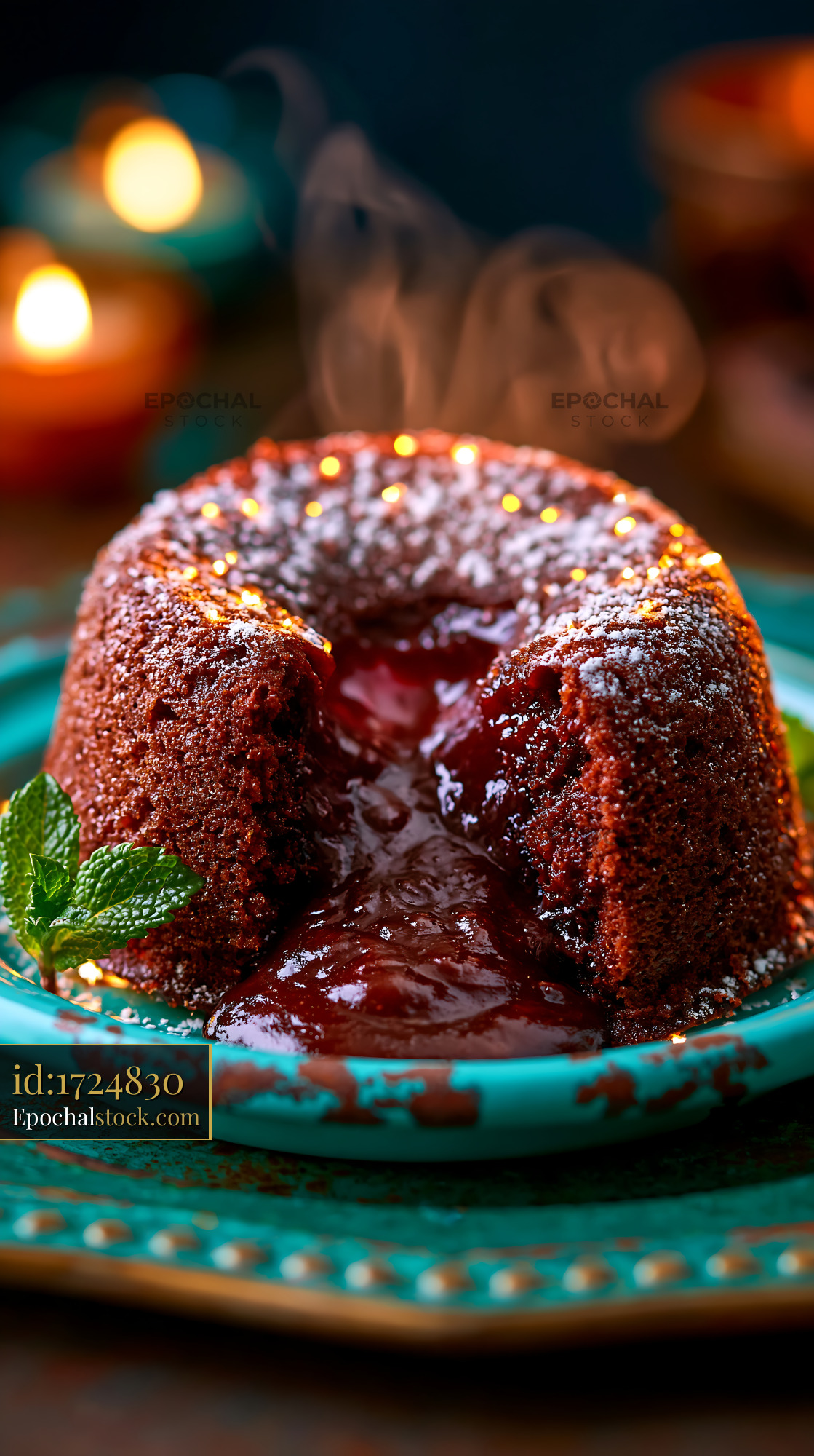 Watermarked full-resolution preview of Chocolate molten lava cake with sauce and mint leaves
