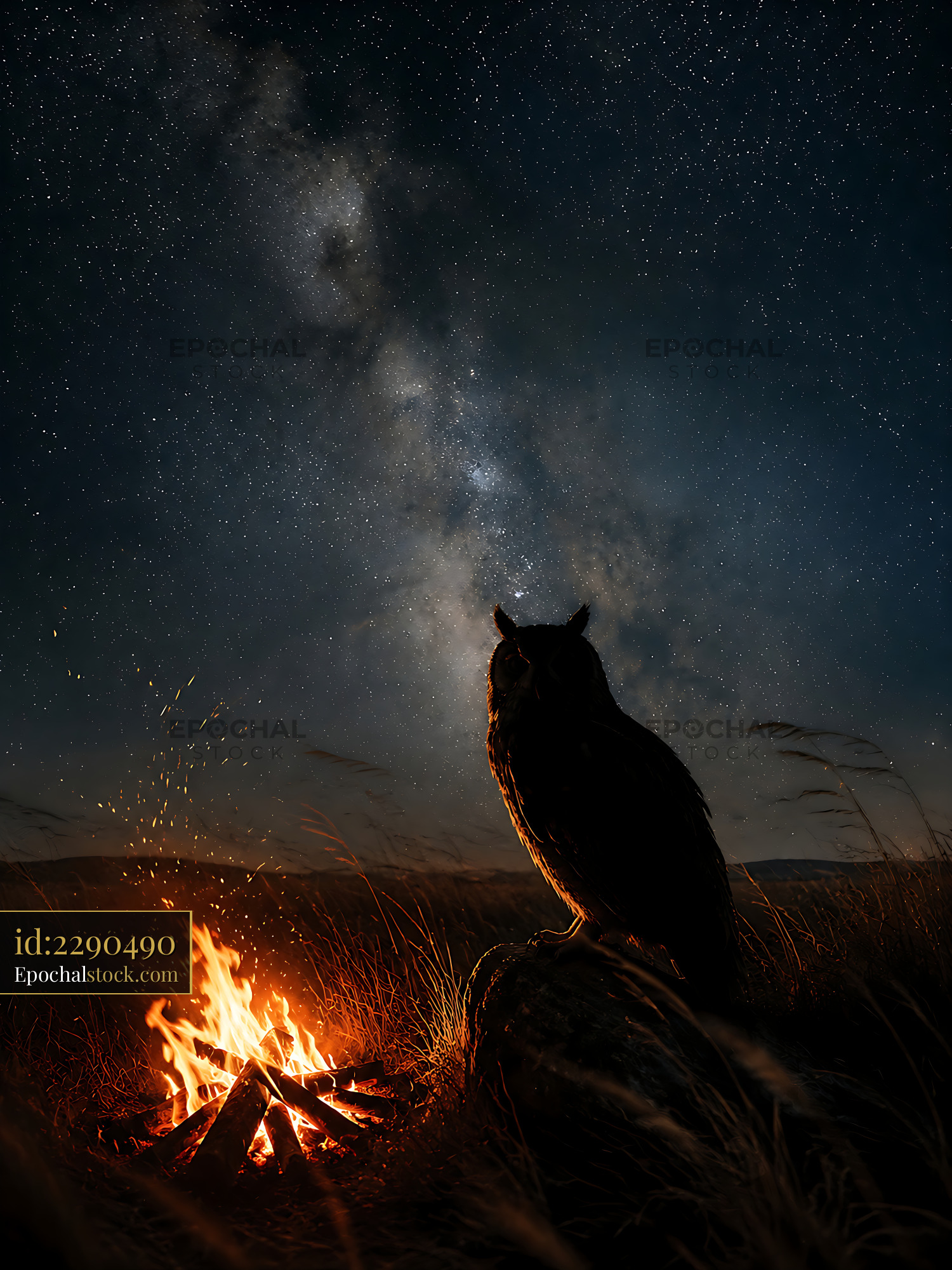 Watermarked full-resolution preview of Owl silhouette near campfire under starry night sky