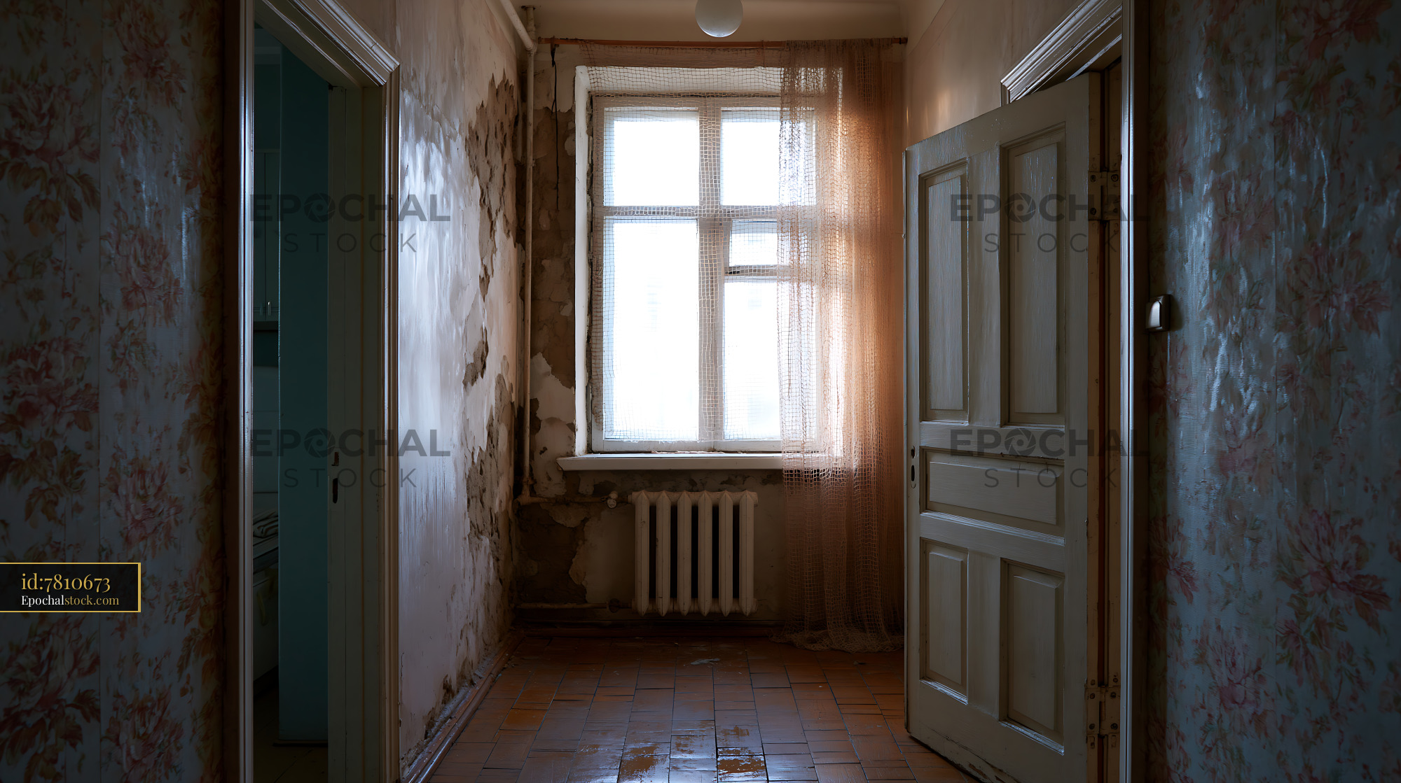 Watermarked full-resolution preview of Abandoned room with peeling walls and window light