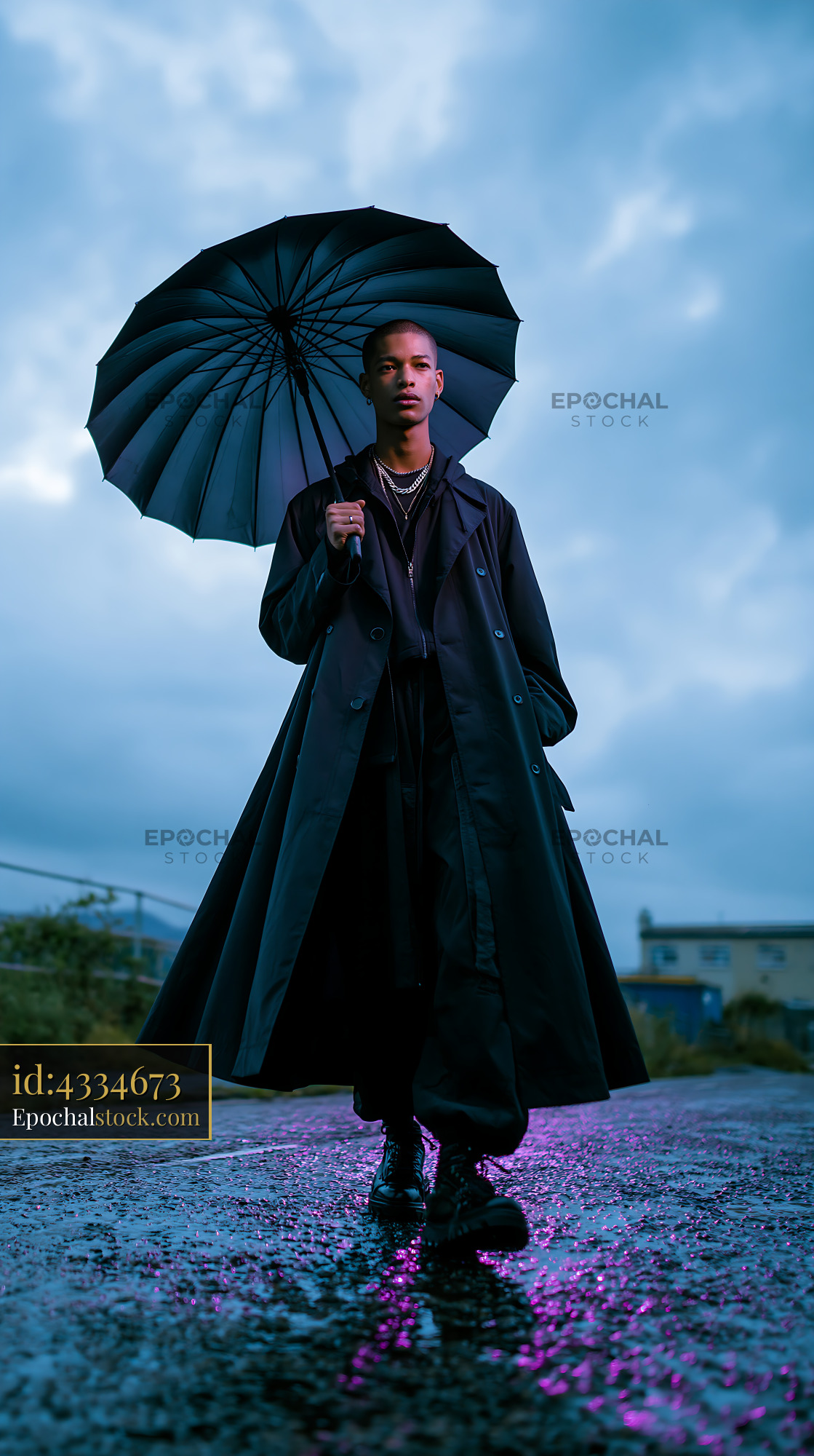 Watermarked full-resolution preview of Man walking with black umbrella on a rainy street