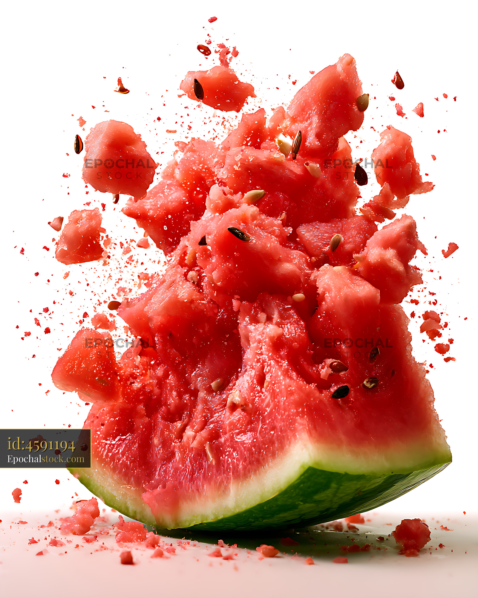 Watermarked full-resolution preview of Dramatic broken watermelon splash with seeds