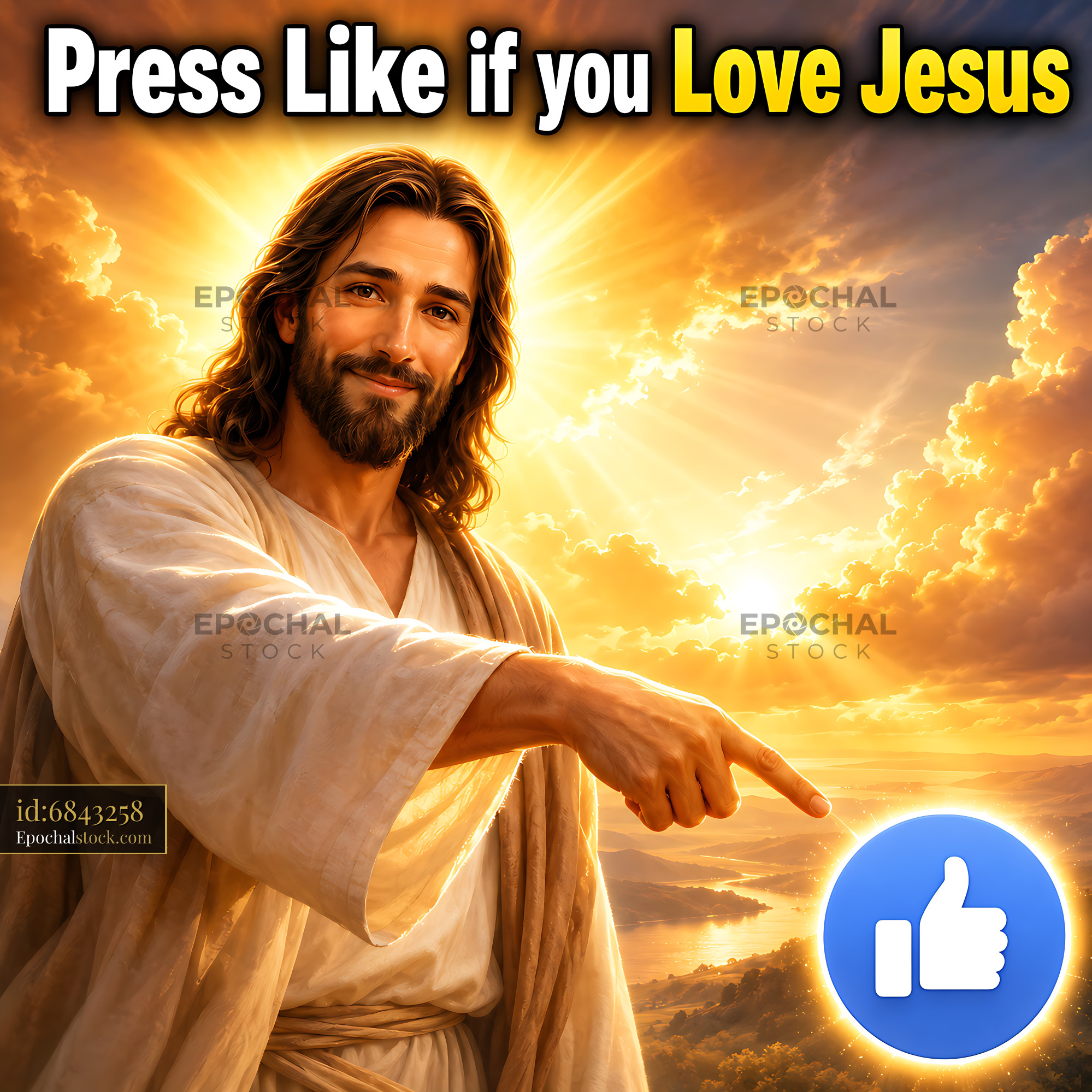Watermarked full-resolution preview of Jesus pointing with a thumbs up against bright clouds
