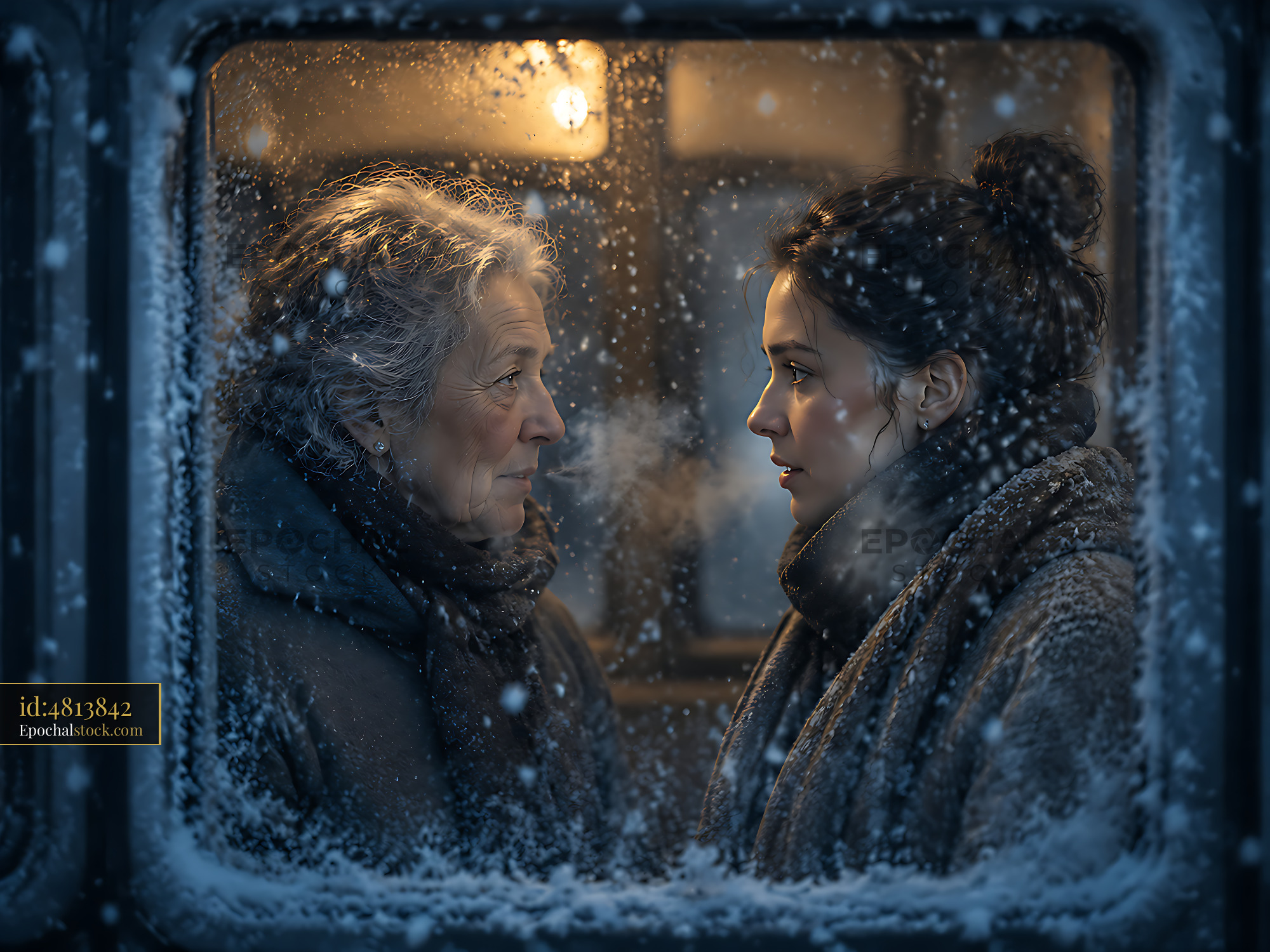 Watermarked full-resolution preview of Two women face each other through a snowy window