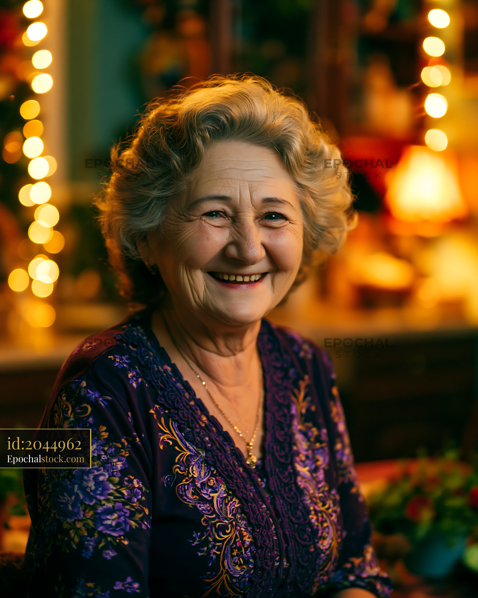 Watermarked full-resolution preview of Smiling woman in traditional clothing with warm festive lights
