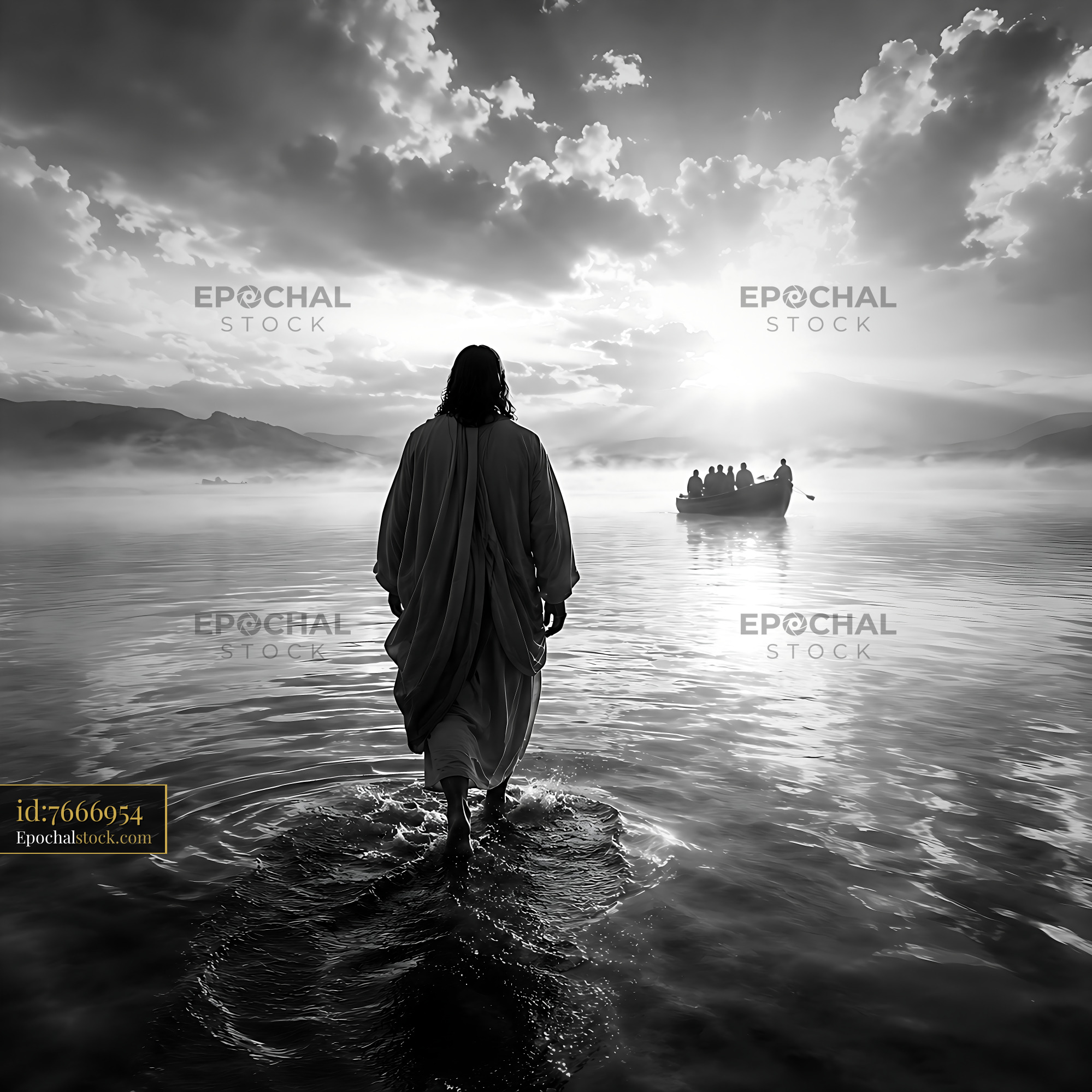 Watermarked full-resolution preview of Walking on water at sunrise with a boat in the distance