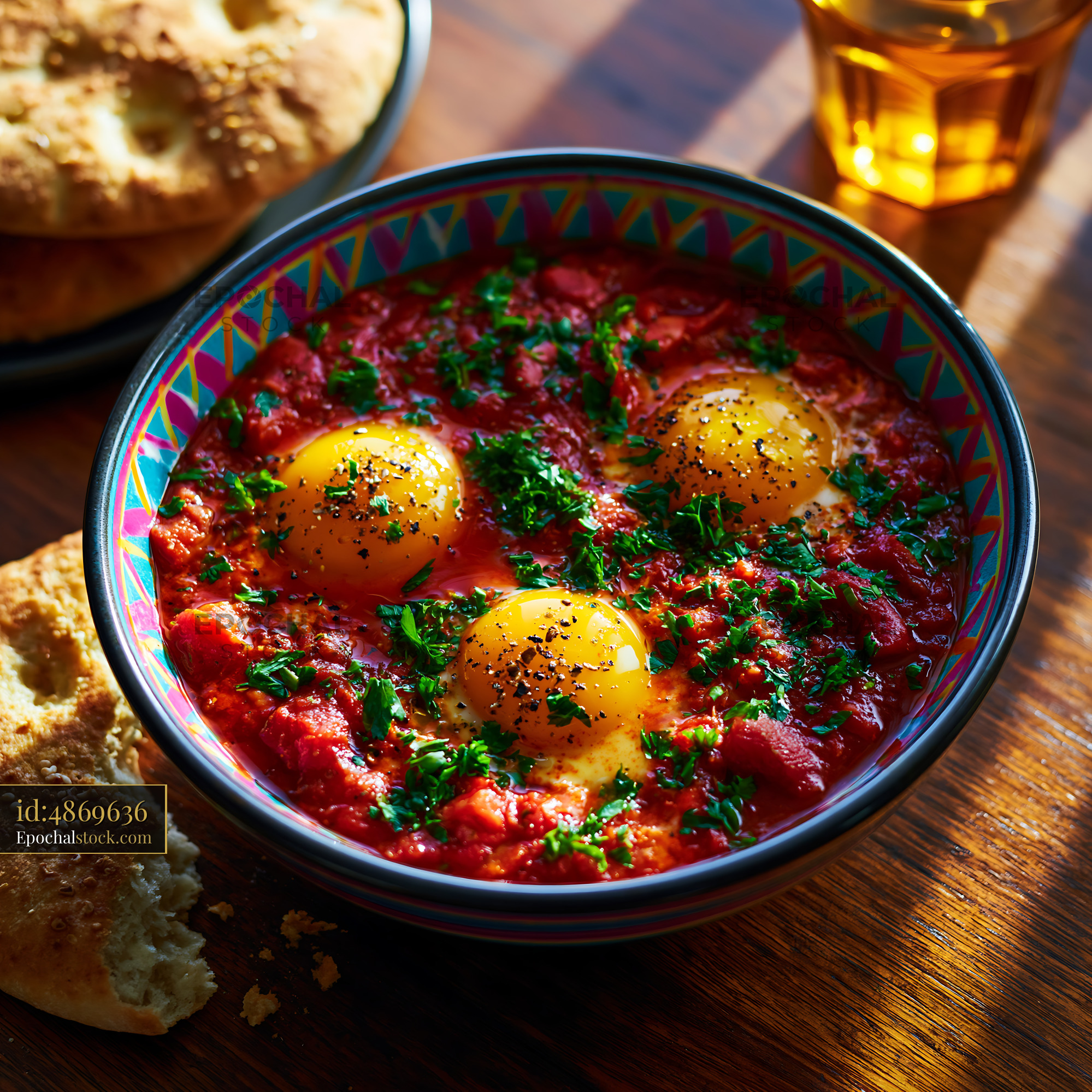 Watermarked full-resolution preview of Dish of eggs in tomato sauce served in a colorful bowl