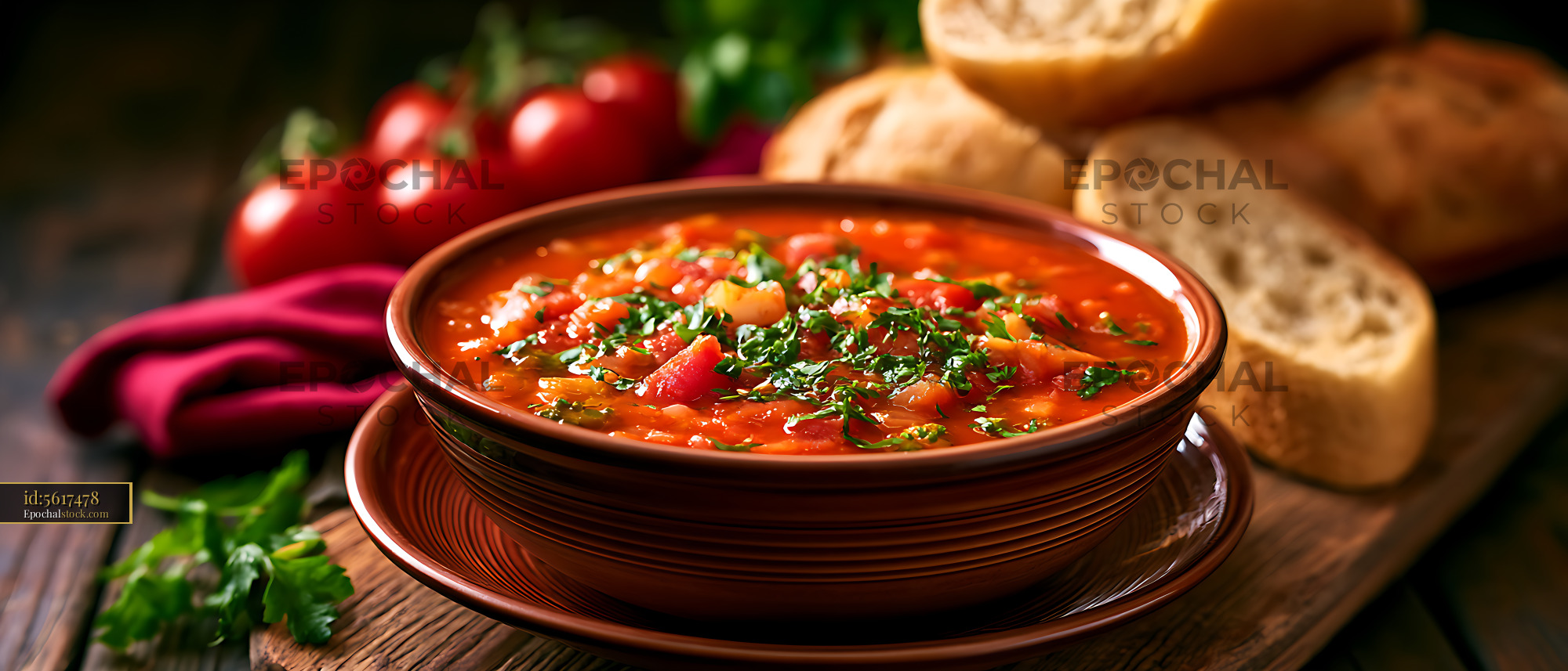 Watermarked full-resolution preview of Delicious soup served with bread and fresh tomatoes on the table