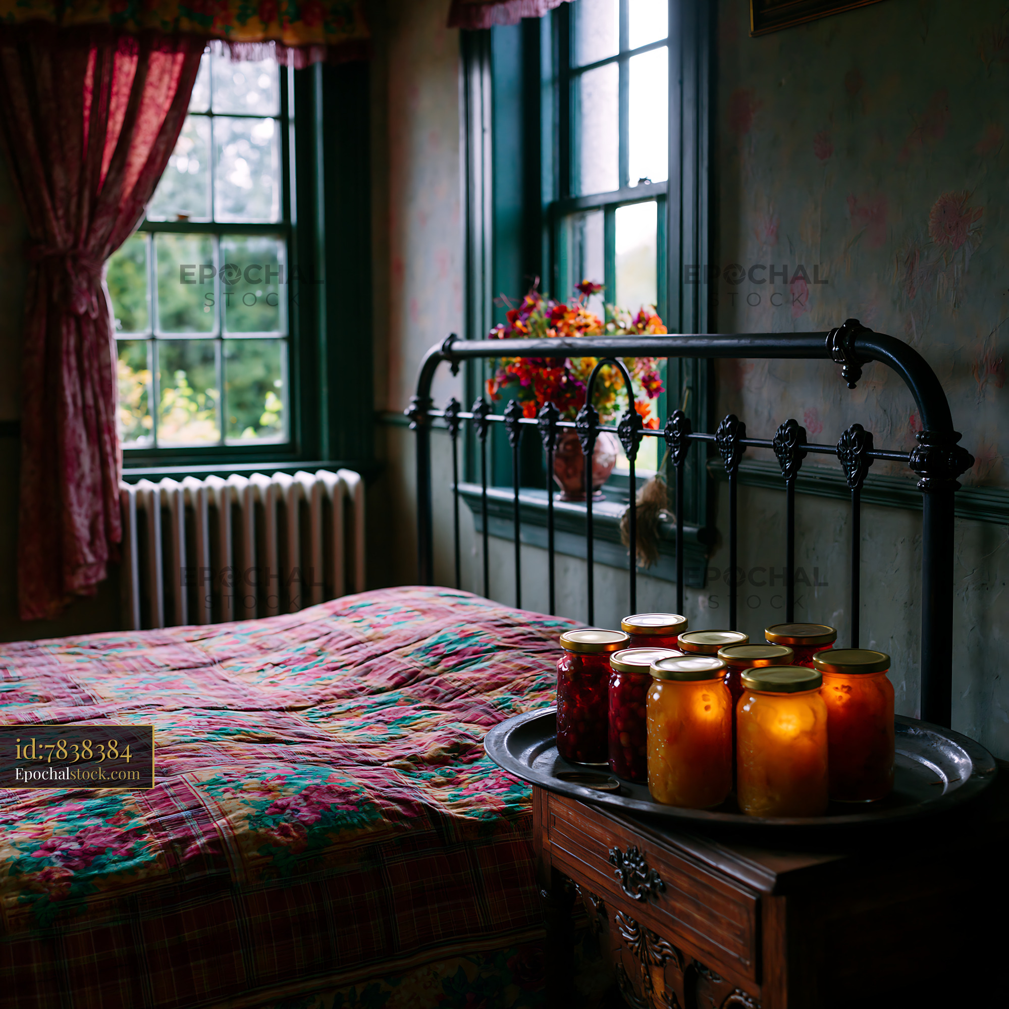 Rural Bedroom With Iron Frame Bed and Jars on a Wooden Table - stock photo