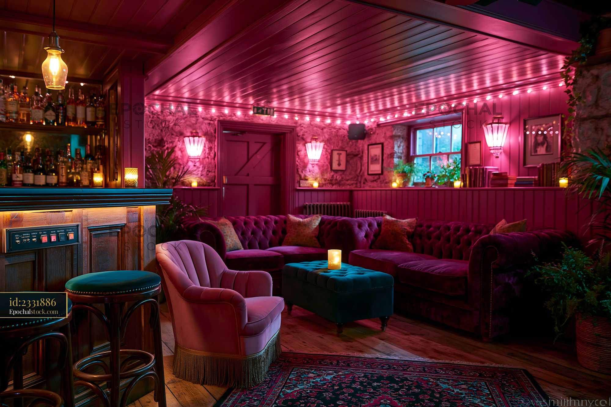 Watermarked full-resolution preview of Cozy lounge area with pink lighting and comfortable seating