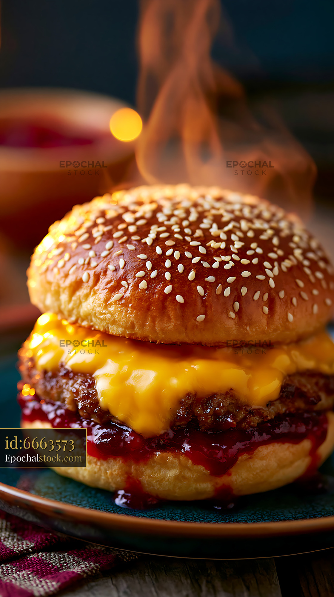 Watermarked full-resolution preview of Cheeseburger with melted cheese and barbecue sauce on a plate