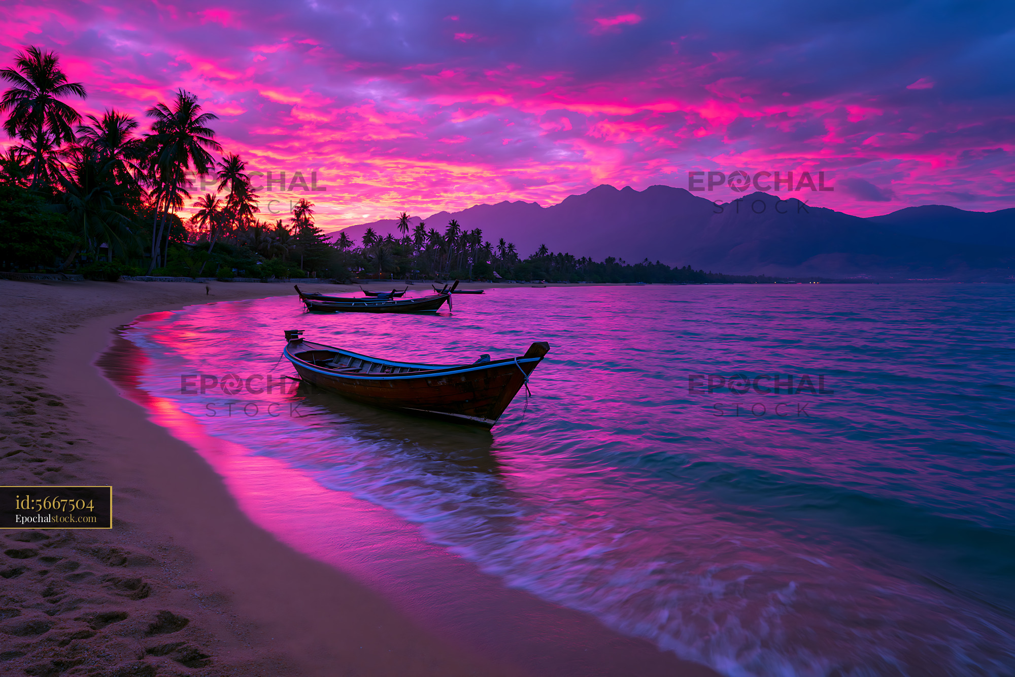 Watermarked full-resolution preview of Sunset over the beach with boats and mountains in the background