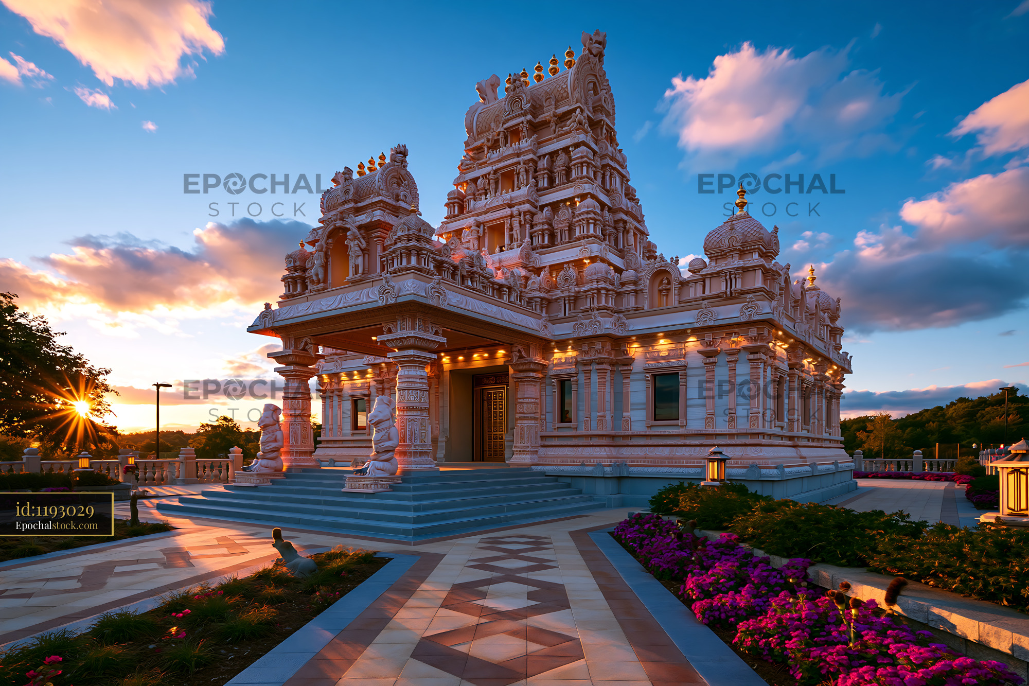Watermarked full-resolution preview of Sunset view of a temple with detailed architecture and flowers