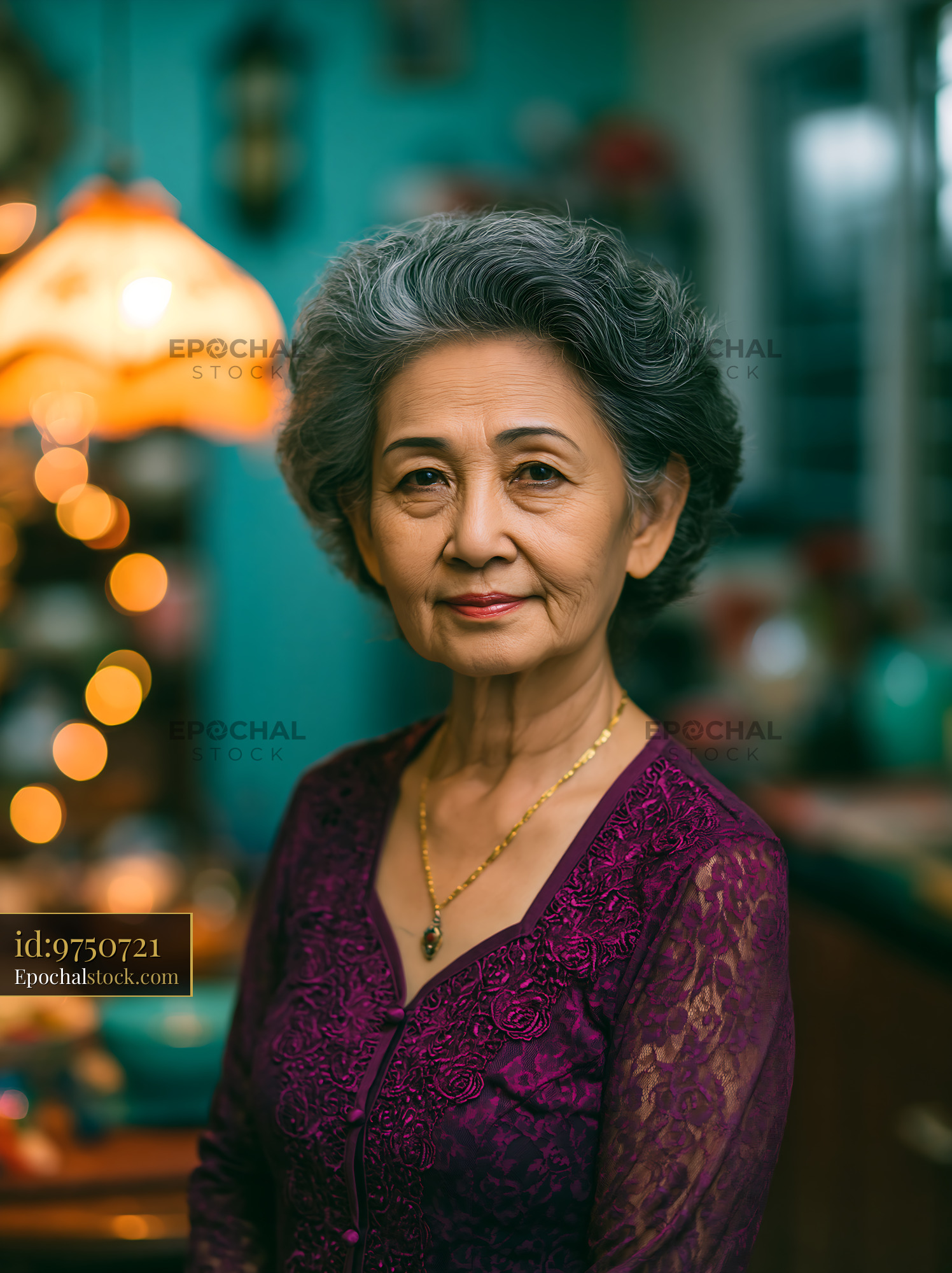 Watermarked full-resolution preview of Older woman in purple attire poses in a well-decorated room