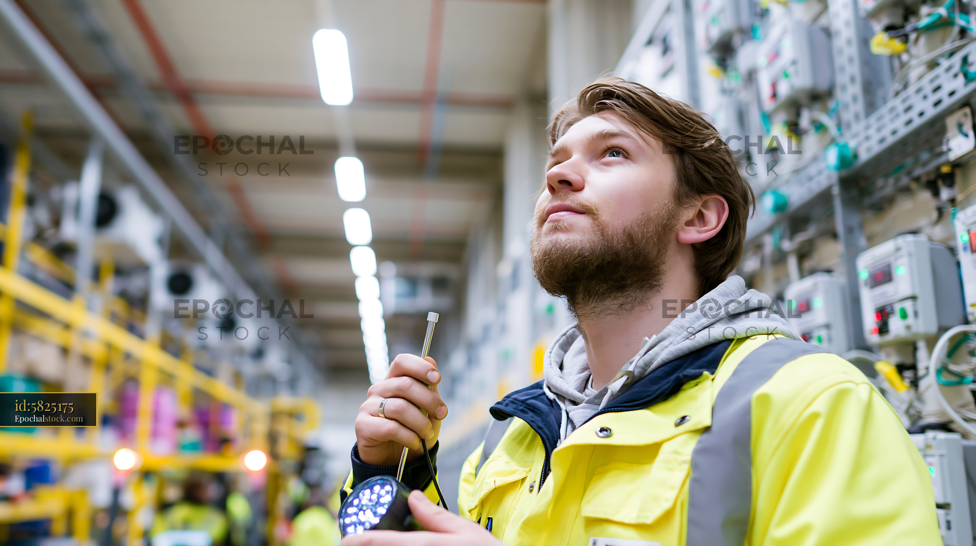 Watermarked full-resolution preview of Worker in technical facility examines equipment