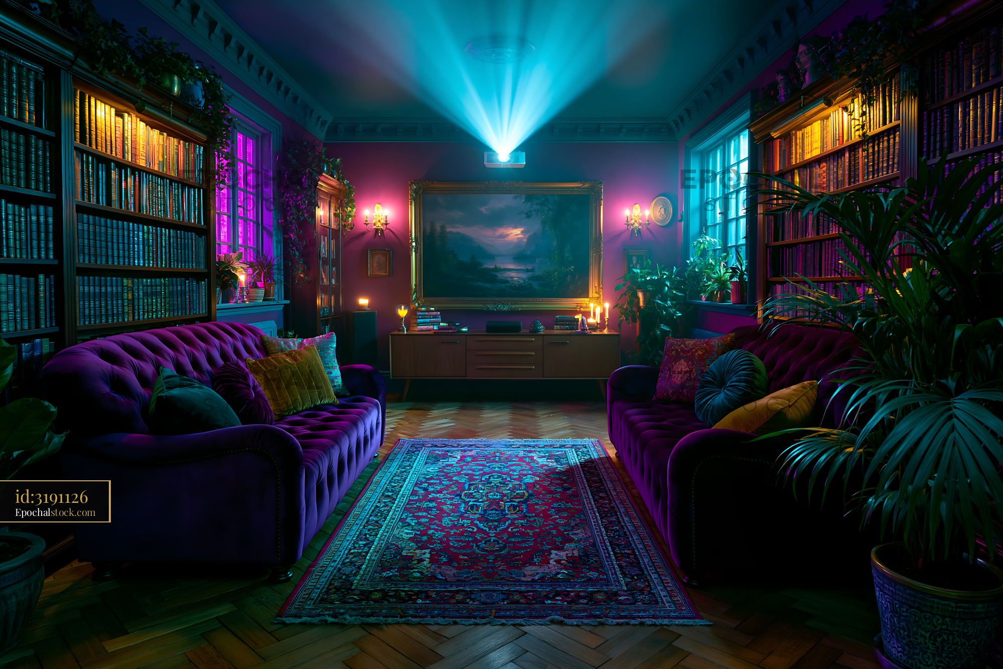 Watermarked full-resolution preview of Cozy living room with a projector and bookshelves in evening light