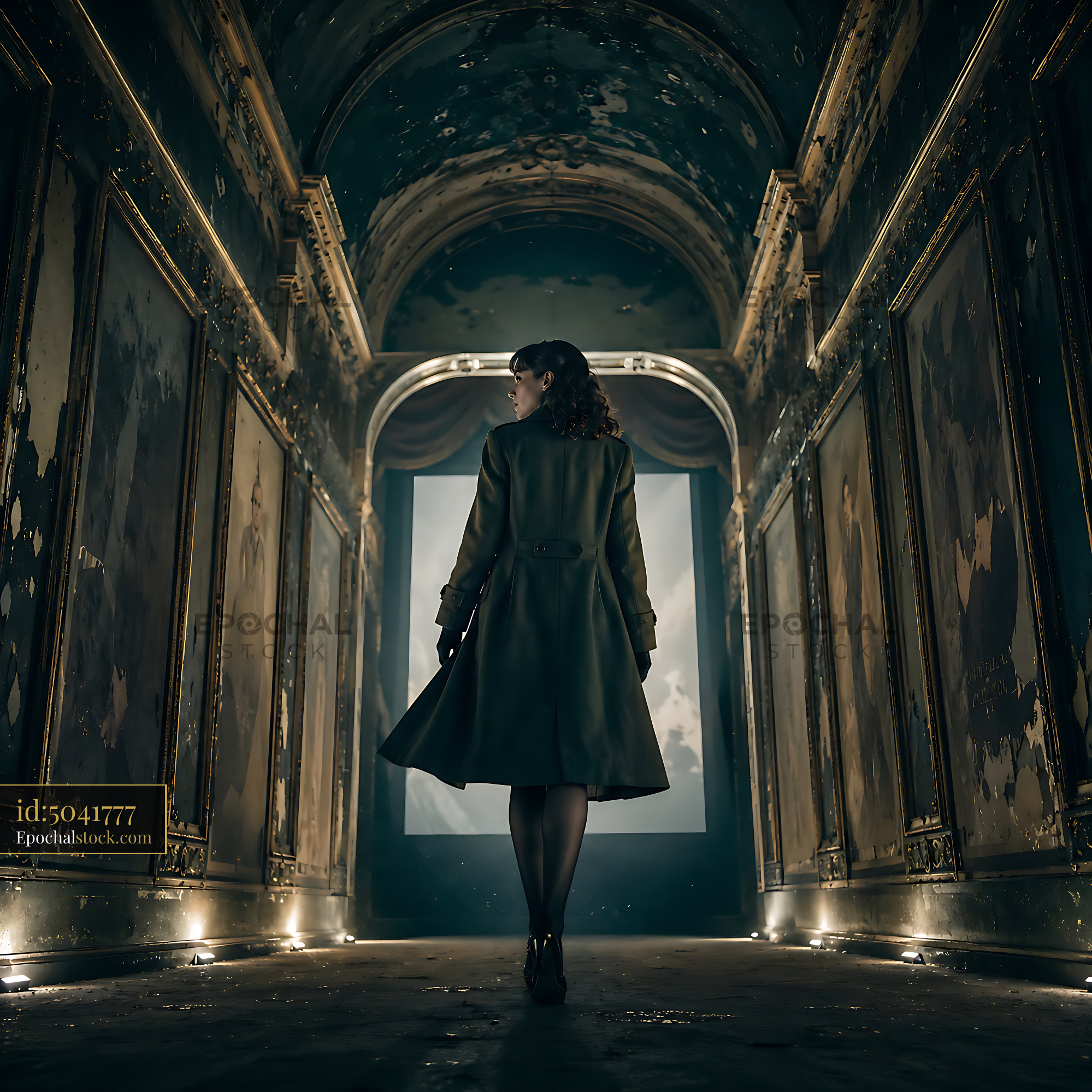 Watermarked full-resolution preview of Woman walking through an abandoned hallway with vintage decor