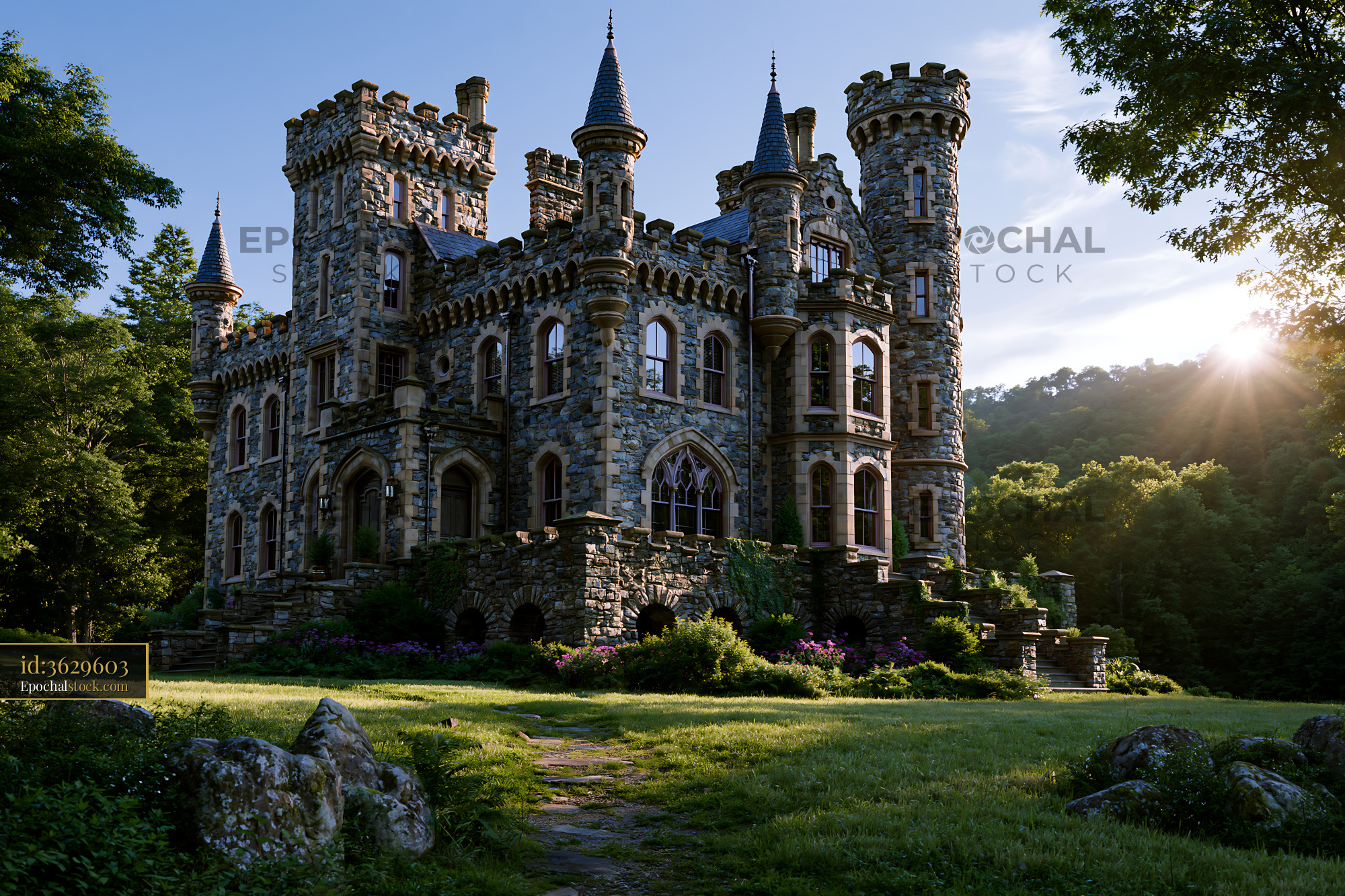 Watermarked full-resolution preview of Historic castle with towers surrounded by green trees at sunset