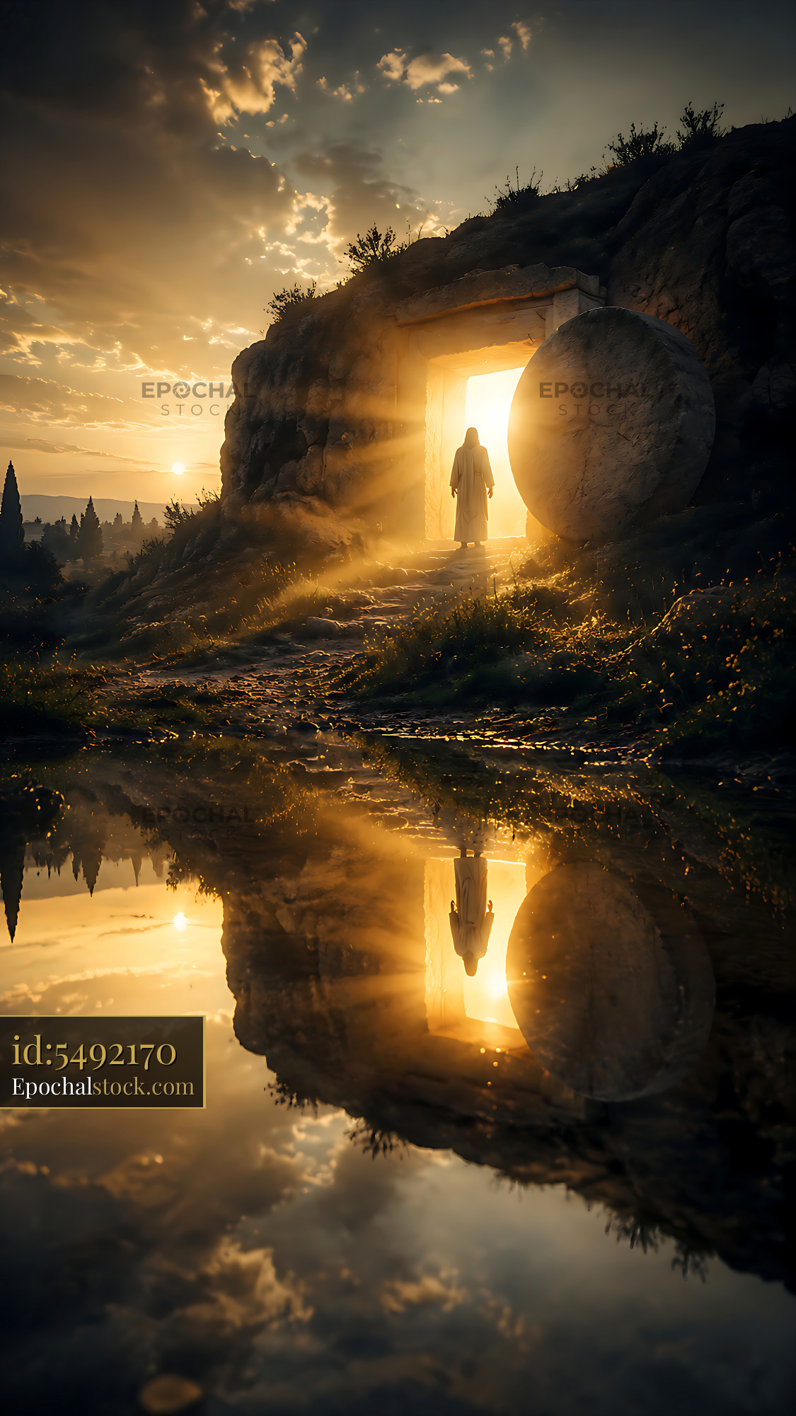 Watermarked full-resolution preview of Figure standing at an open stone doorway during sunrise