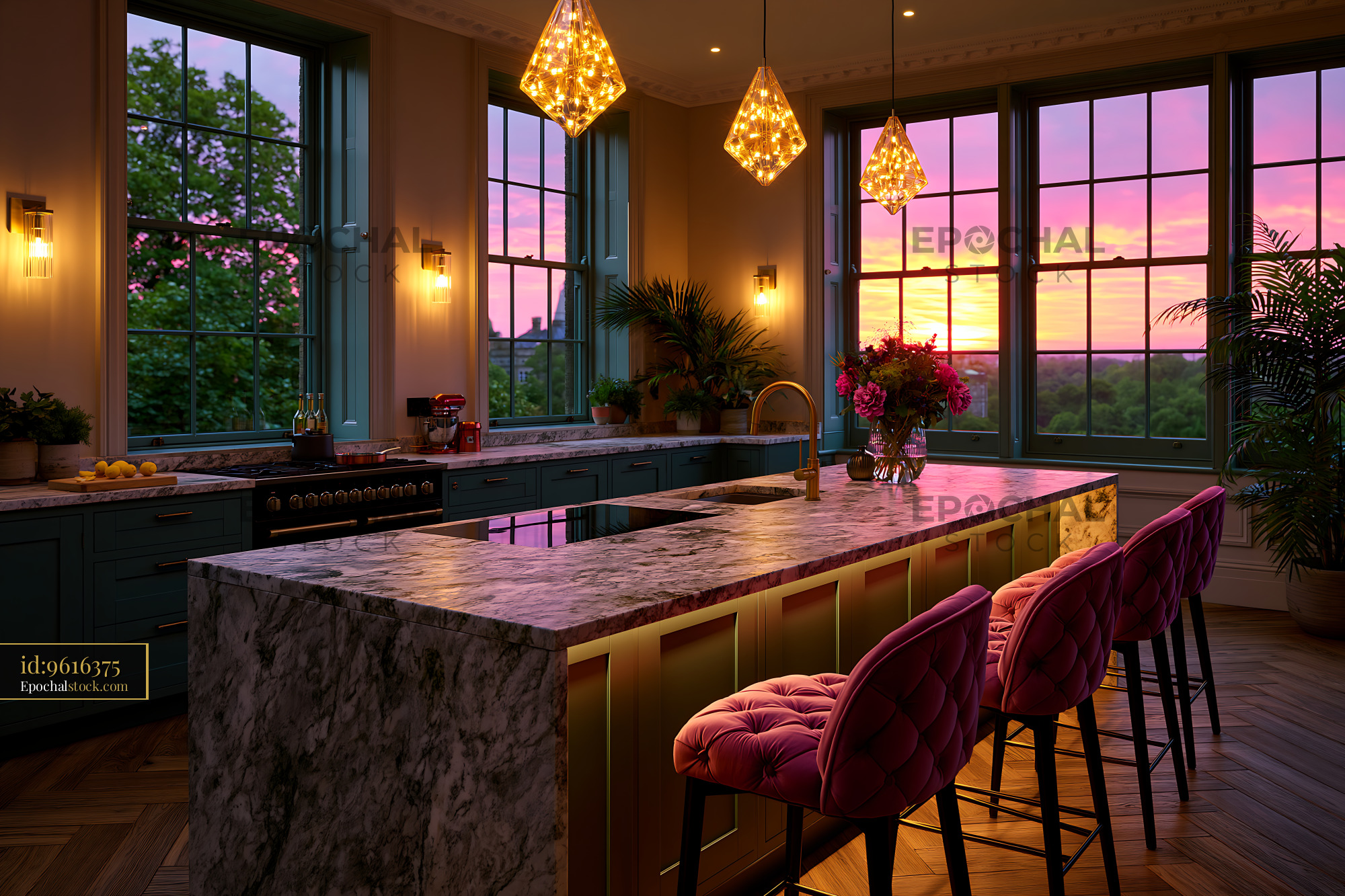 Watermarked full-resolution preview of Modern kitchen with large windows at sunset