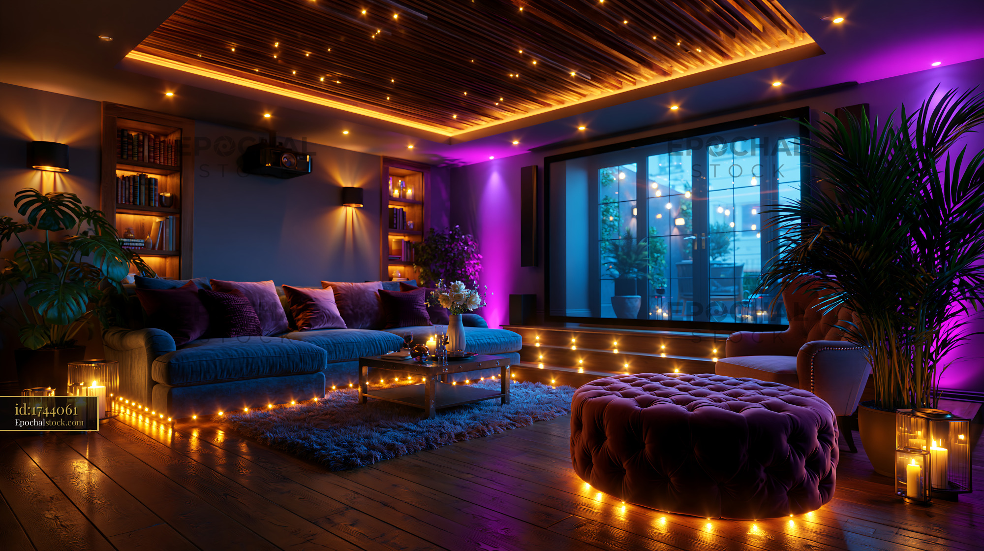 Cozy Basement Screening Room With Decorative Lighting - stock photo