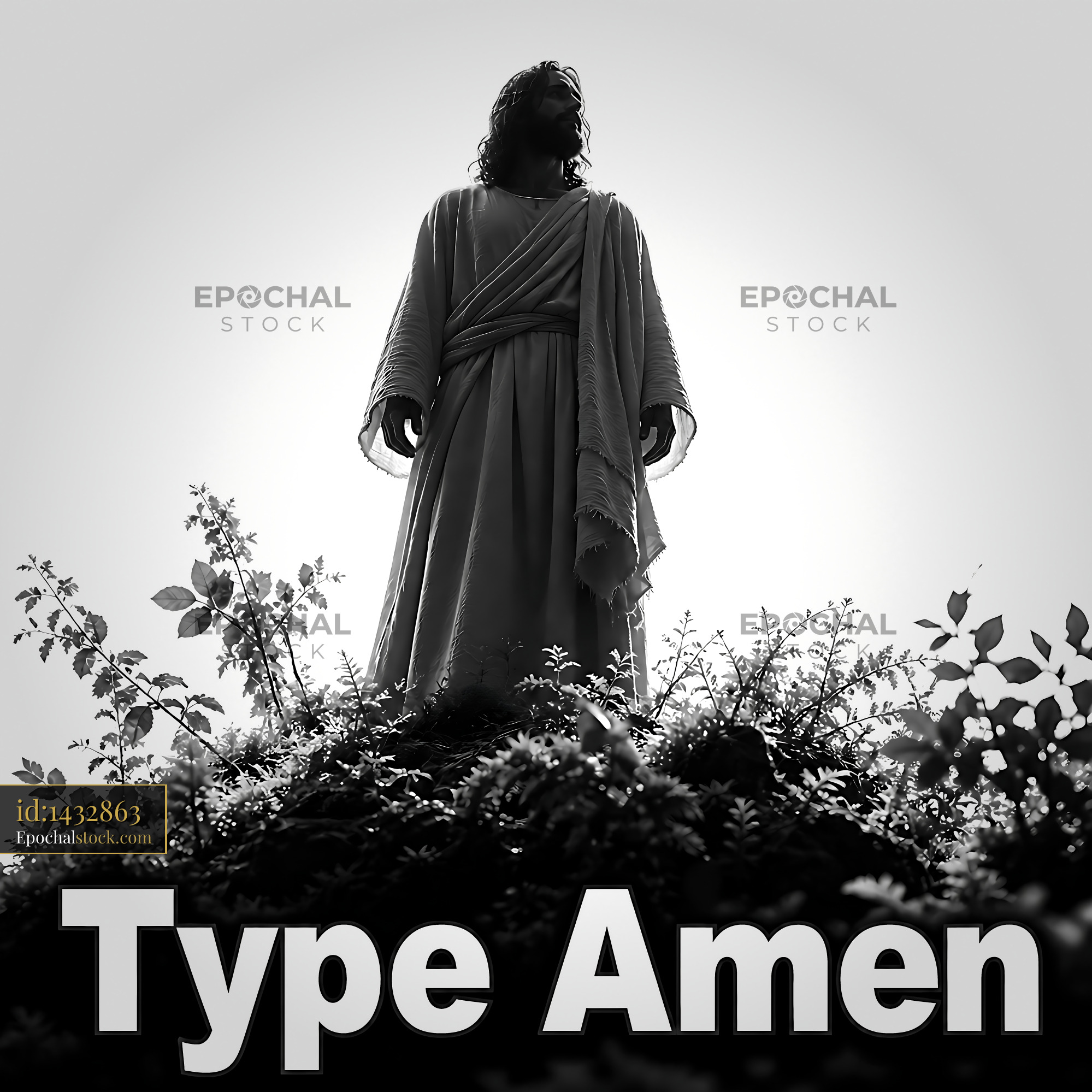 Jesus Stands on a Hill With Arms Raised as Sunlight Shines Down - stock photo