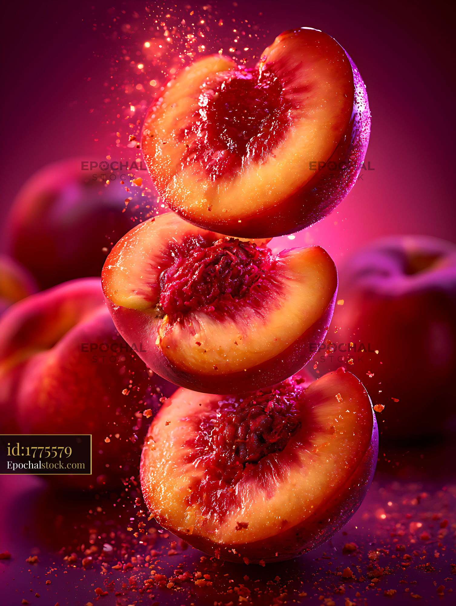 Watermarked full-resolution preview of Vibrant sliced peaches with splashing fruit particles