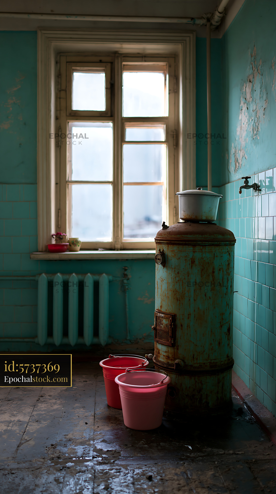 Watermarked full-resolution preview of Rusty water heater in an old room with colorful buckets