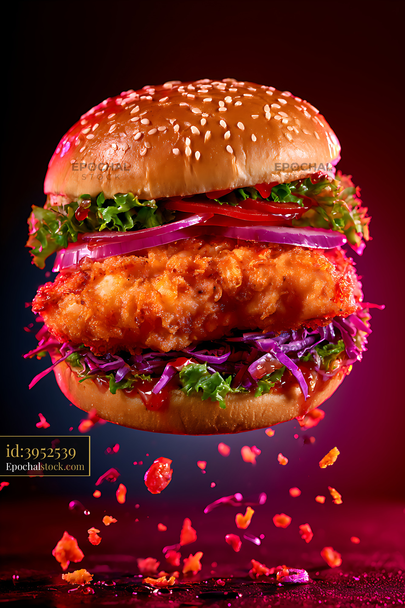Watermarked full-resolution preview of Crispy fried chicken sandwich with fresh vegetables
