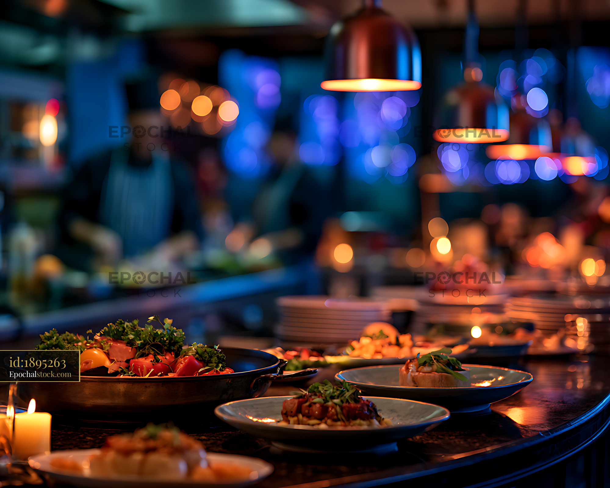 Watermarked full-resolution preview of Candlelit restaurant table with plated food and colorful lights