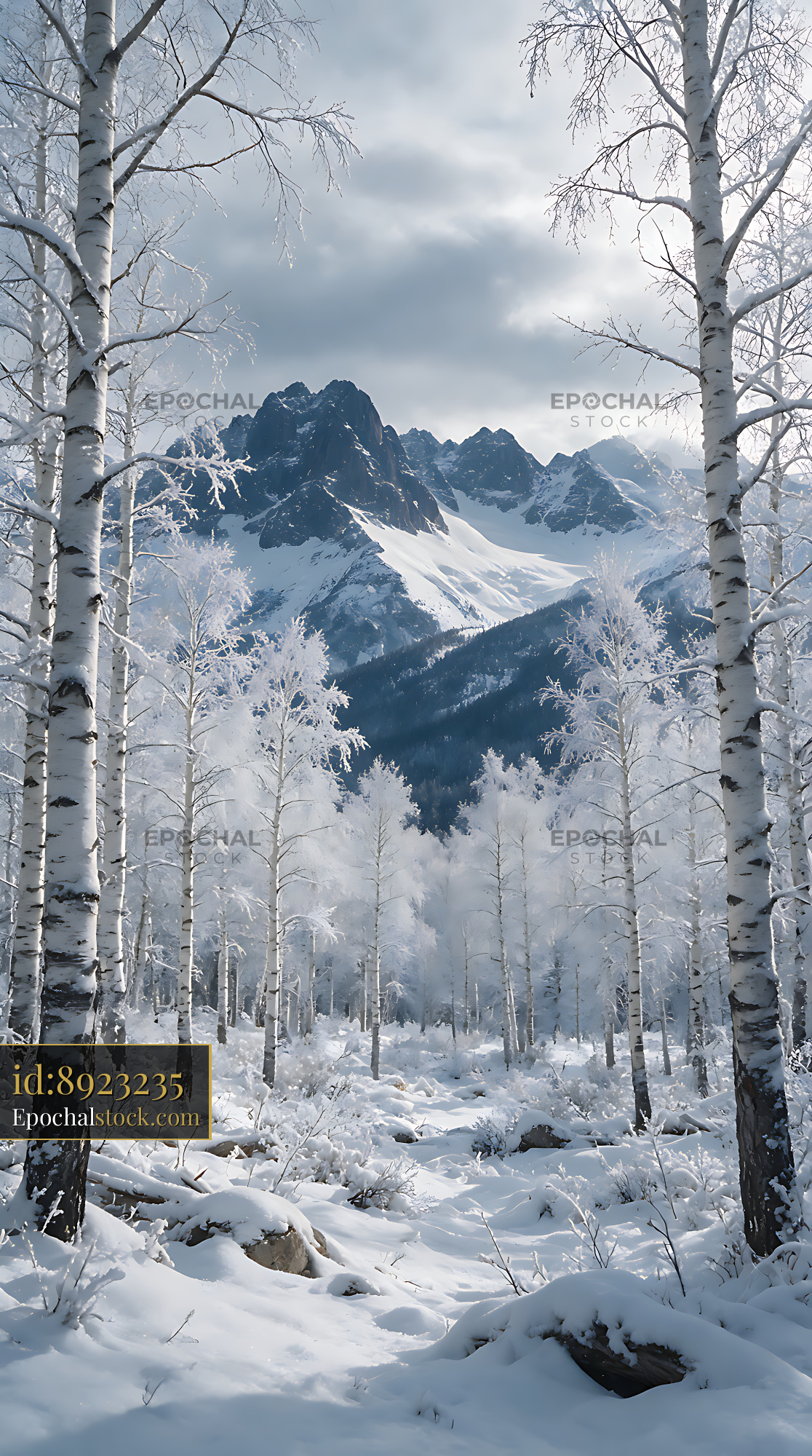 Watermarked full-resolution preview of Winter birch woodland with snowy mountains