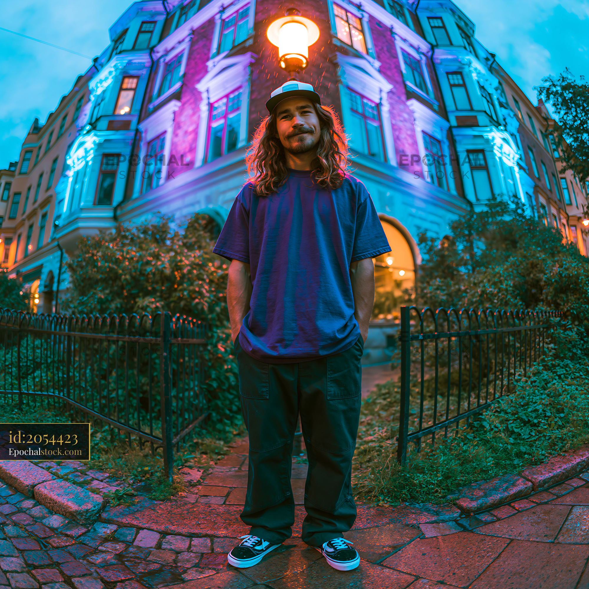 Watermarked full-resolution preview of Young man standing on a street corner near buildings and streetlights