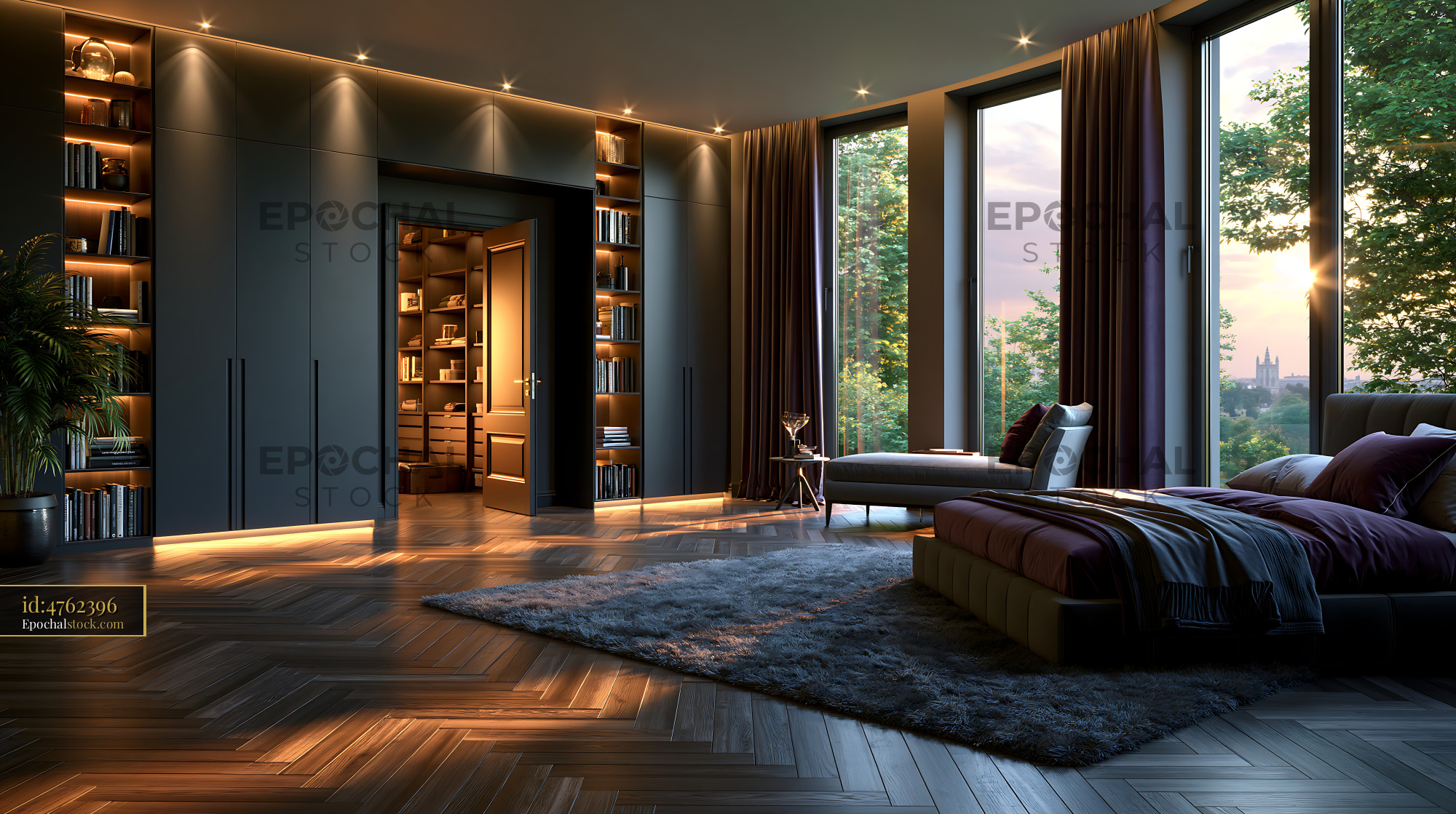 Watermarked full-resolution preview of Elegant contemporary bedroom with large windows and city view