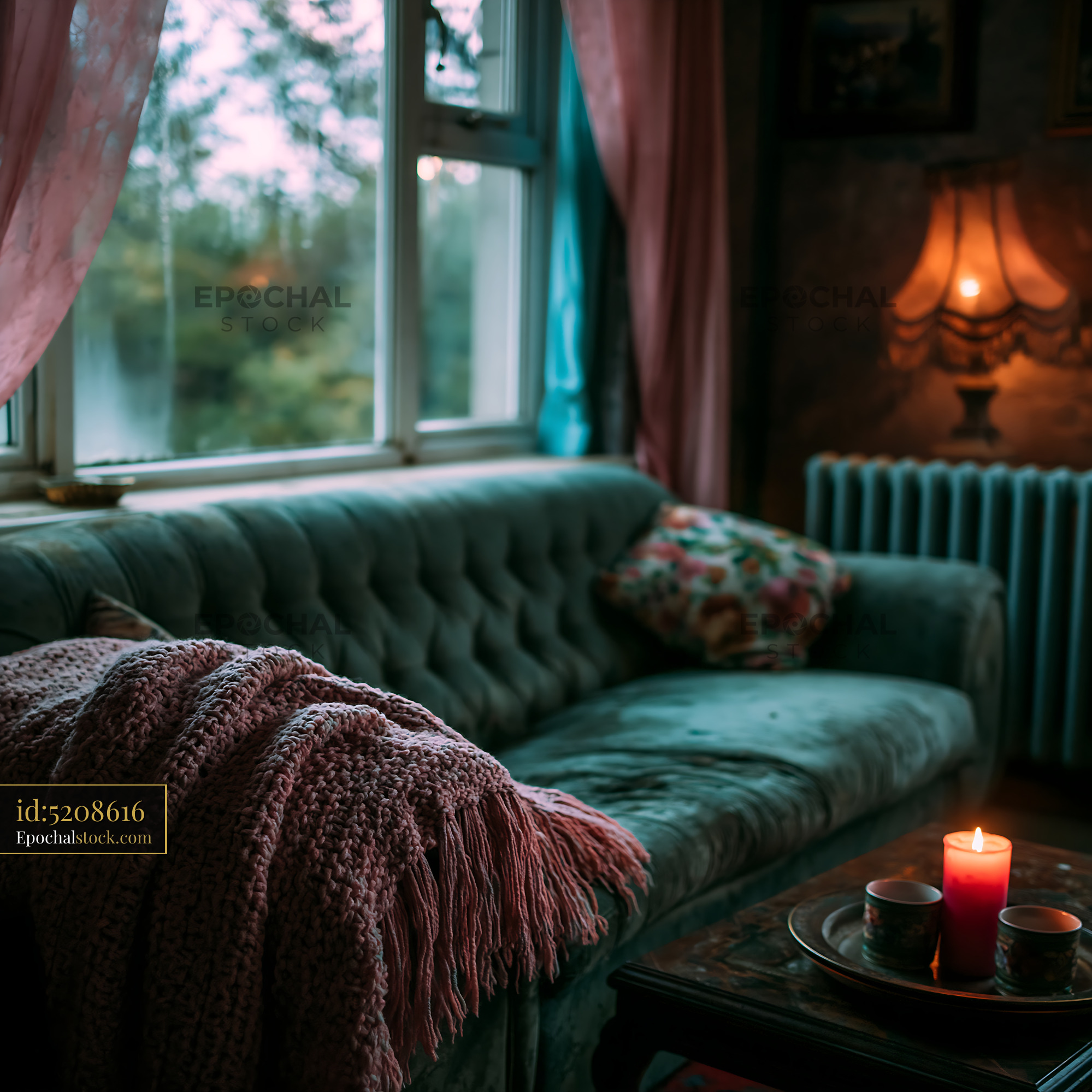 Watermarked full-resolution preview of Cozy living room with candlelight and soft furnishings in the evening